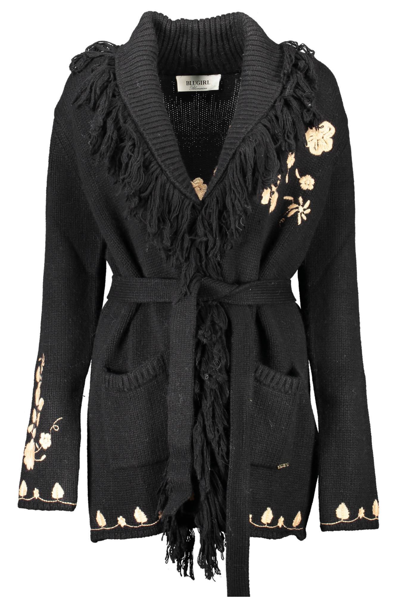 RH1076-MA87L_NERO_22222 – Eleganter Damen-Cardigan Schwarz mit Gürtel und Stickerei – Größe: XS, S – Farbe: Nero