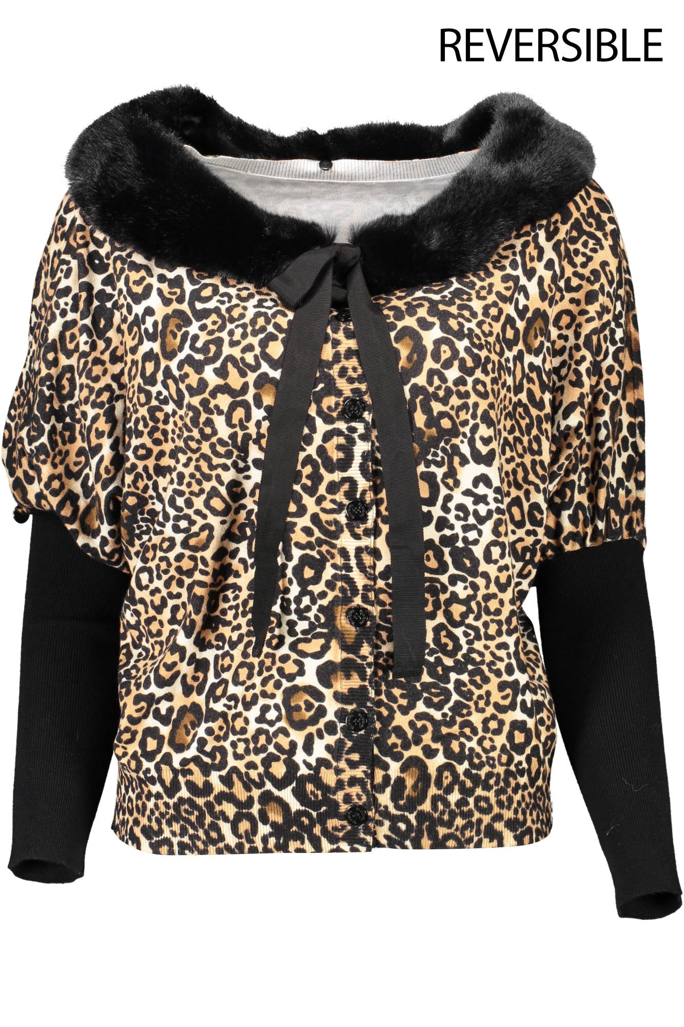 RH1112-MAB01_NERO_S9099 – Vielseitiger Damenpullover mit Kunstpelzkragen und Wende-Design – Größe: S, XL – Farbe: Nero