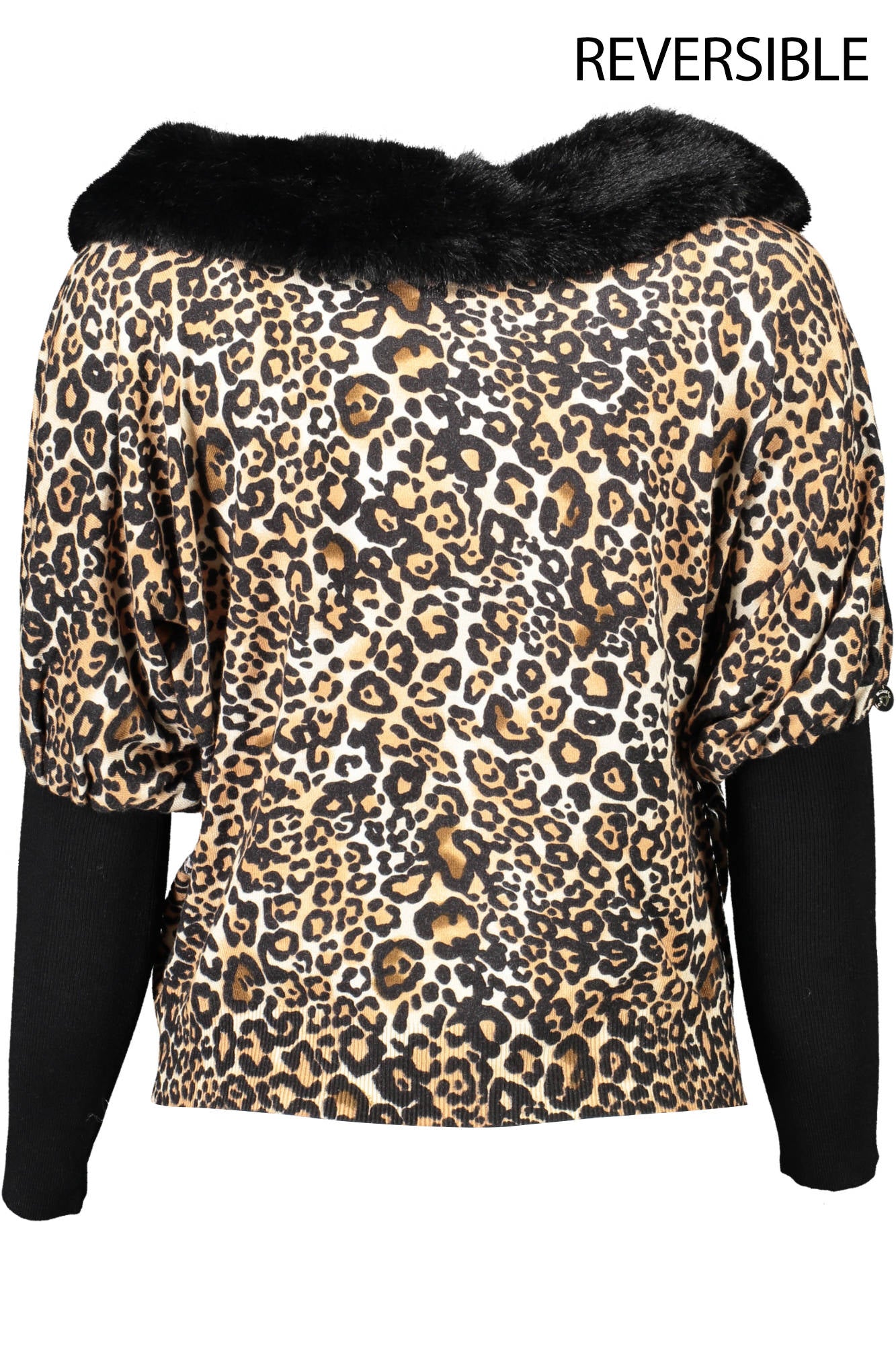 RH1112-MAB01_NERO_S9099 – Vielseitiger Damenpullover mit Kunstpelzkragen und Wende-Design – Größe: S, XL – Farbe: Nero