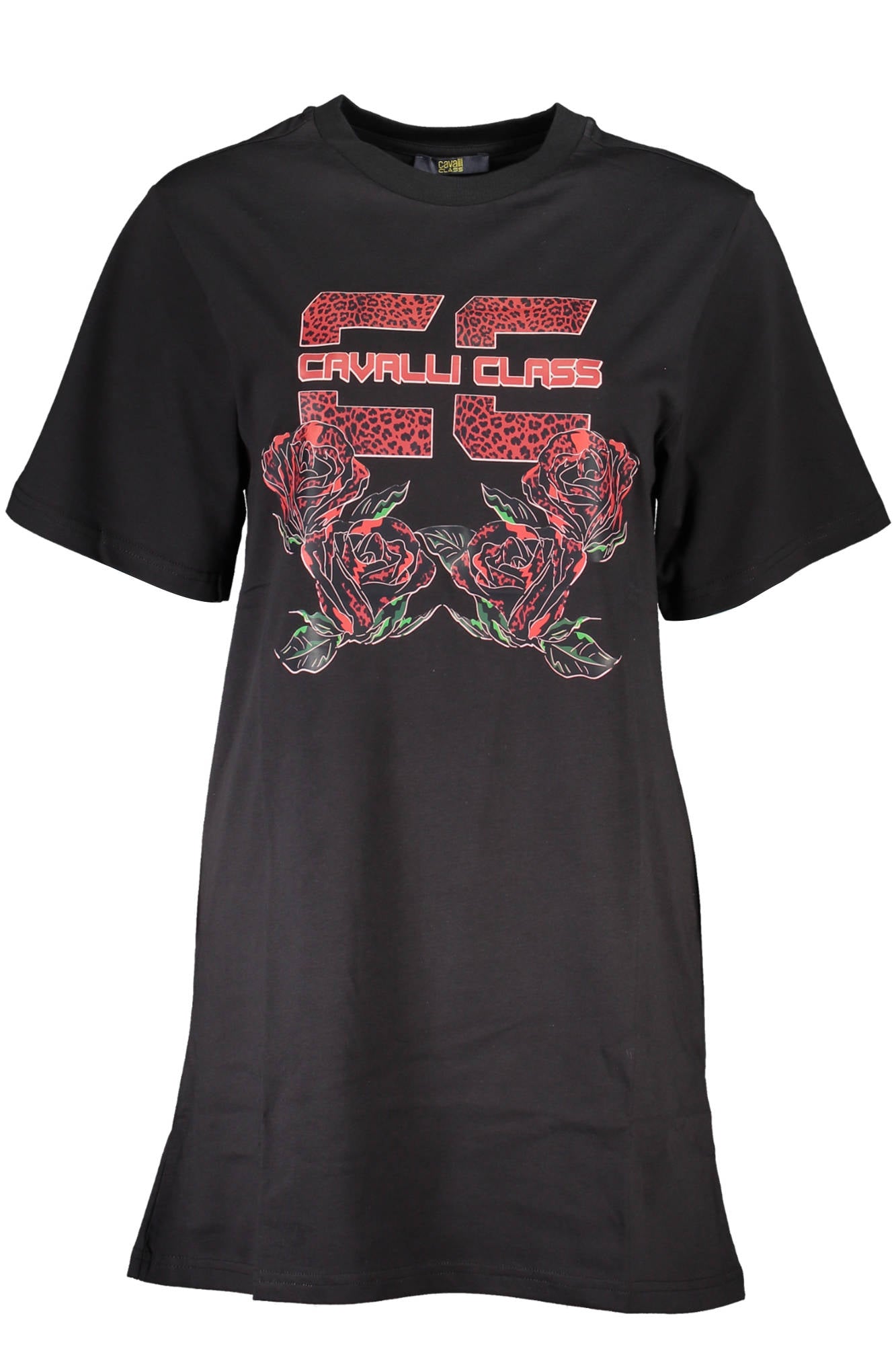 QXT10C-JD060_NERO_05051 – Schwarzes kurzes Damenkleid mit Druck und Rundhalsausschnitt – Größe: S, M, L – Farbe: Nero