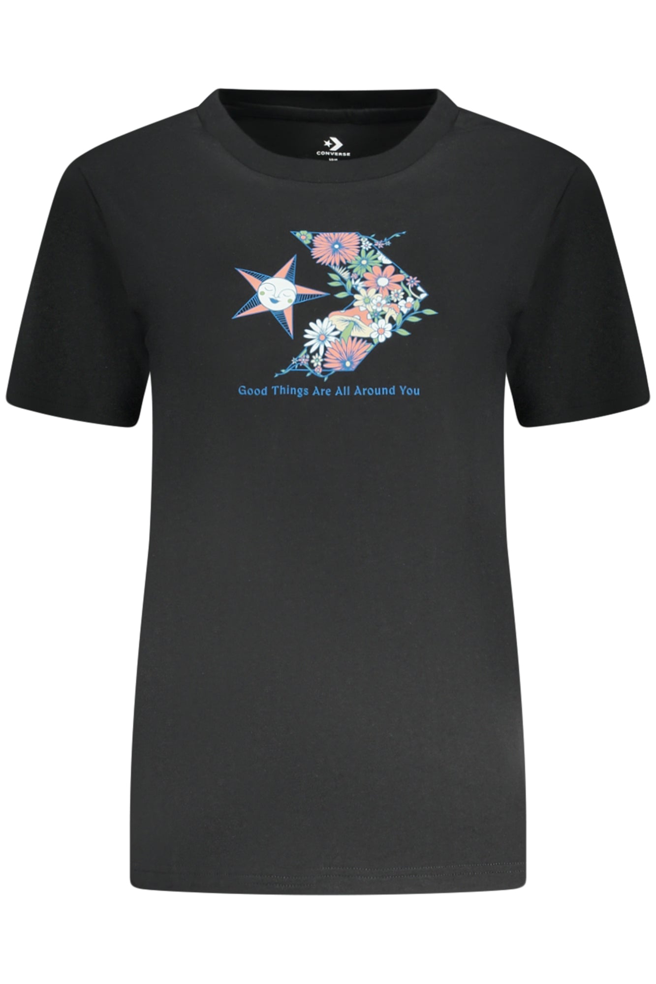 10027752A01_NE001 – Stylisches Damen T-Shirt in Schwarz: Slim Fit, Rundhals, Logo-Druck – Größe: XS, S, M, L, XL – Farbe: Nero