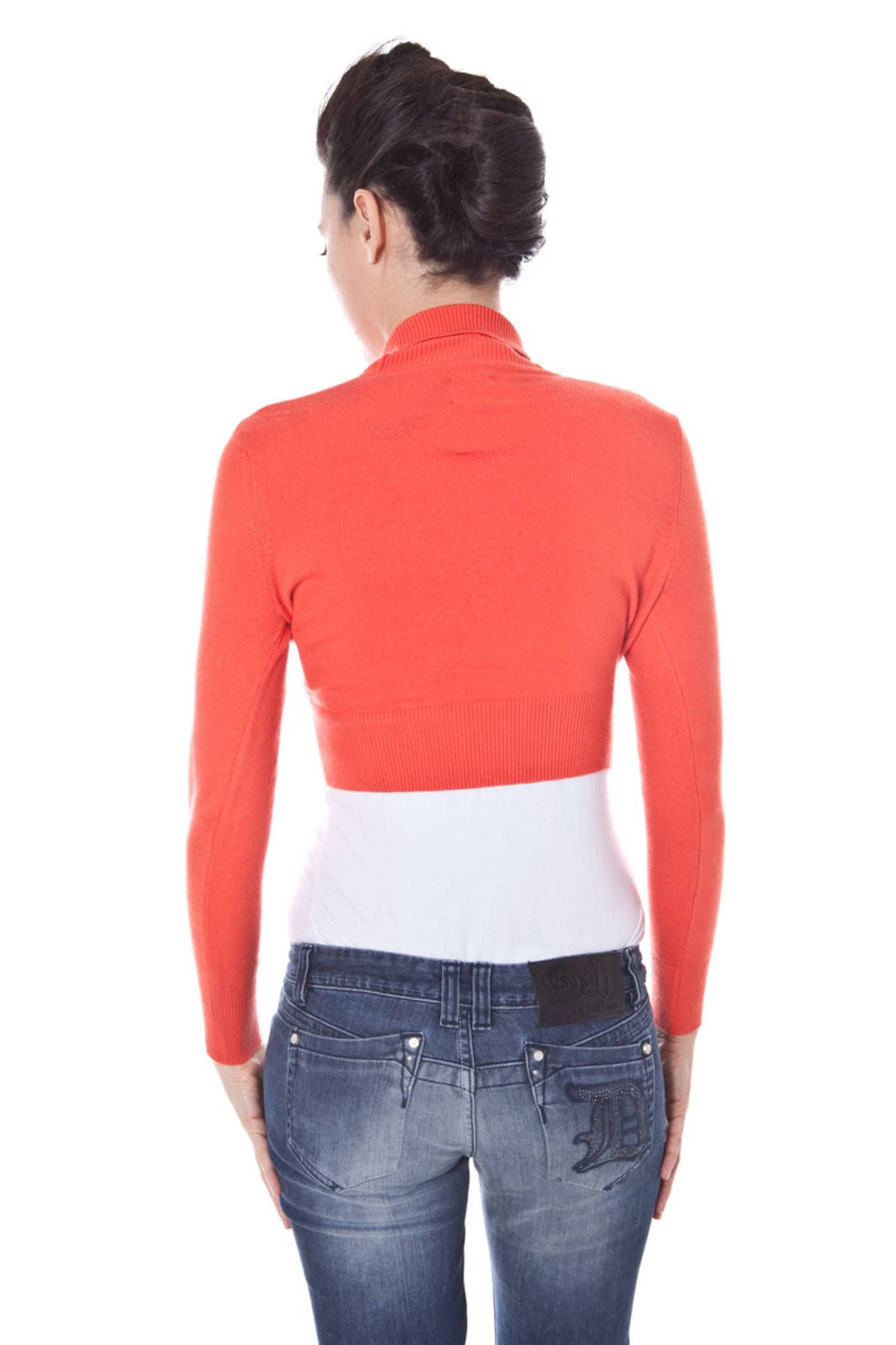 B9T2319_ROSSO_5G3 – Langärmeliger roter Damen-Bolero mit V-Ausschnitt und Schulterwrap – Größe: S, M, L, XL – Farbe: Rosso