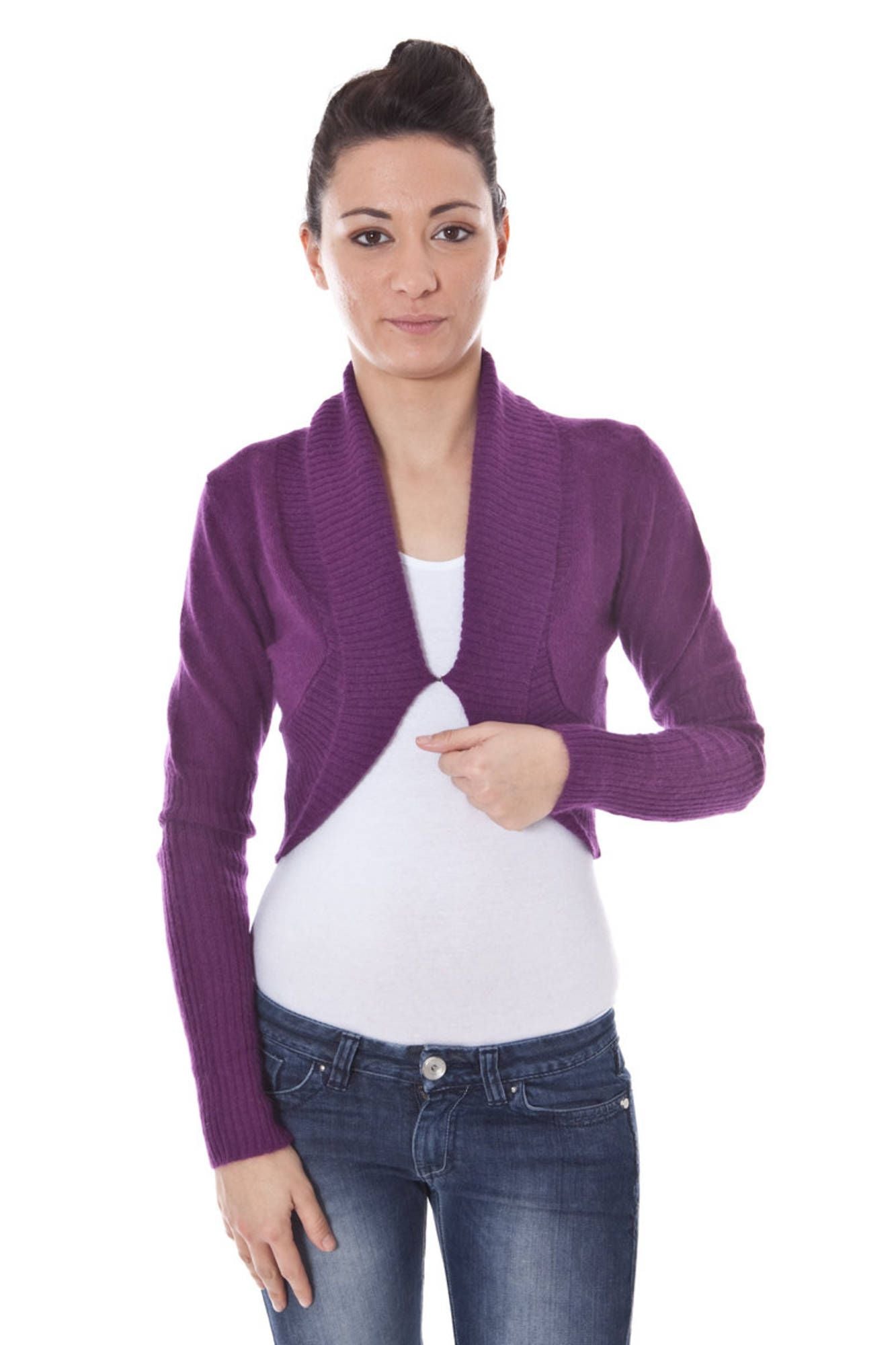 B9T5334_VIOLA_339 – Eleganter Damen-Bolero in Violett mit Knopf und Langarm-Design – Größe: M, L, XL – Farbe: Viola