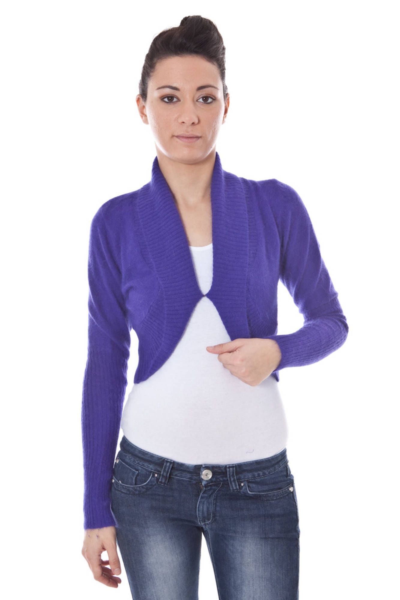 B9T5334_VIOLA_6V6 – Lila Damen Shrug mit langen Ärmeln und Knopf – Stilvoll und Elegant – Größe: S, M, L, XL – Farbe: Viola