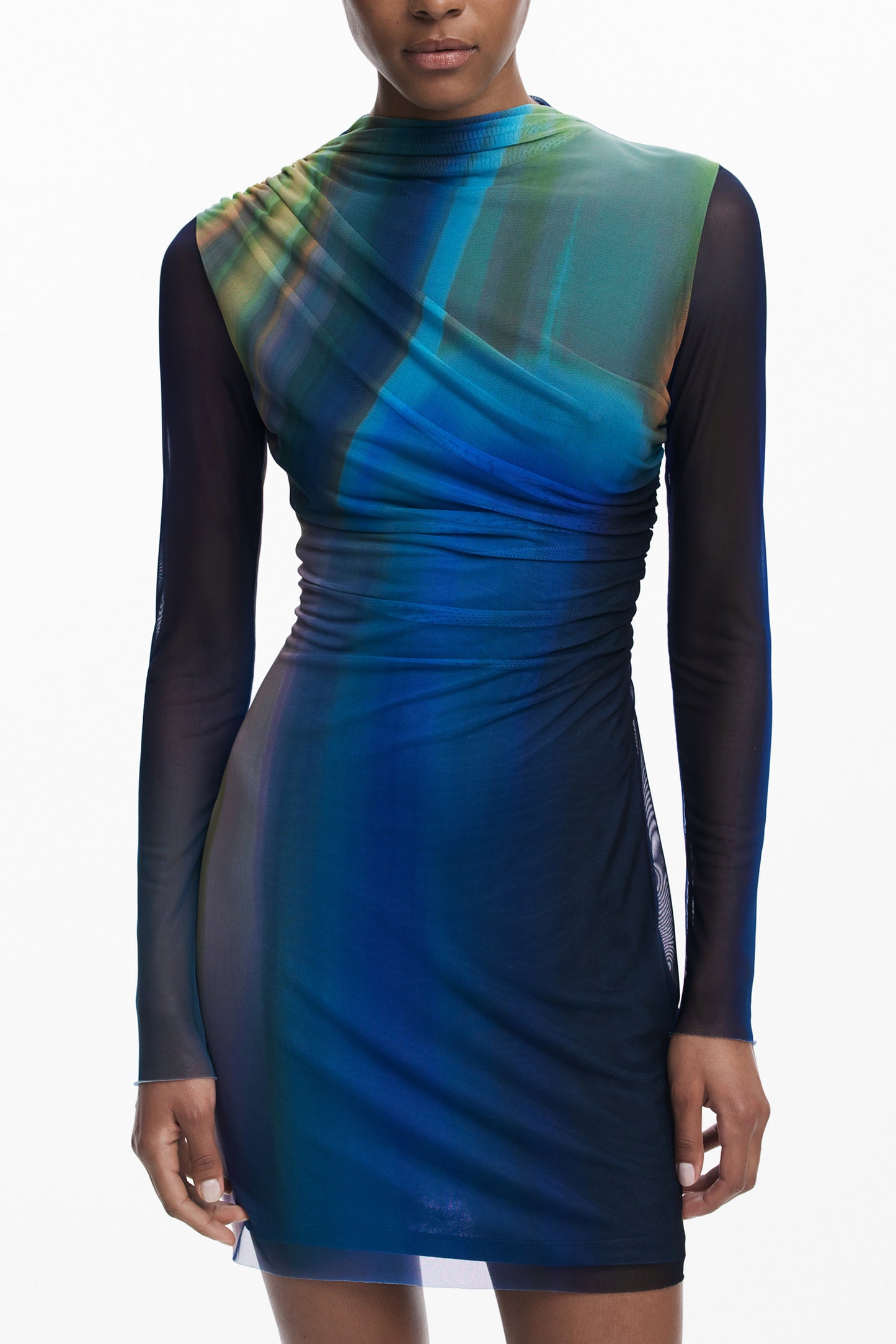 25WWVK43_BL5080 – Fröhliches Damenkleid in Blau: Kurz, mehrfarbig, langärmelig – Größe: XS, S, M, L, XL – Farbe: Blu