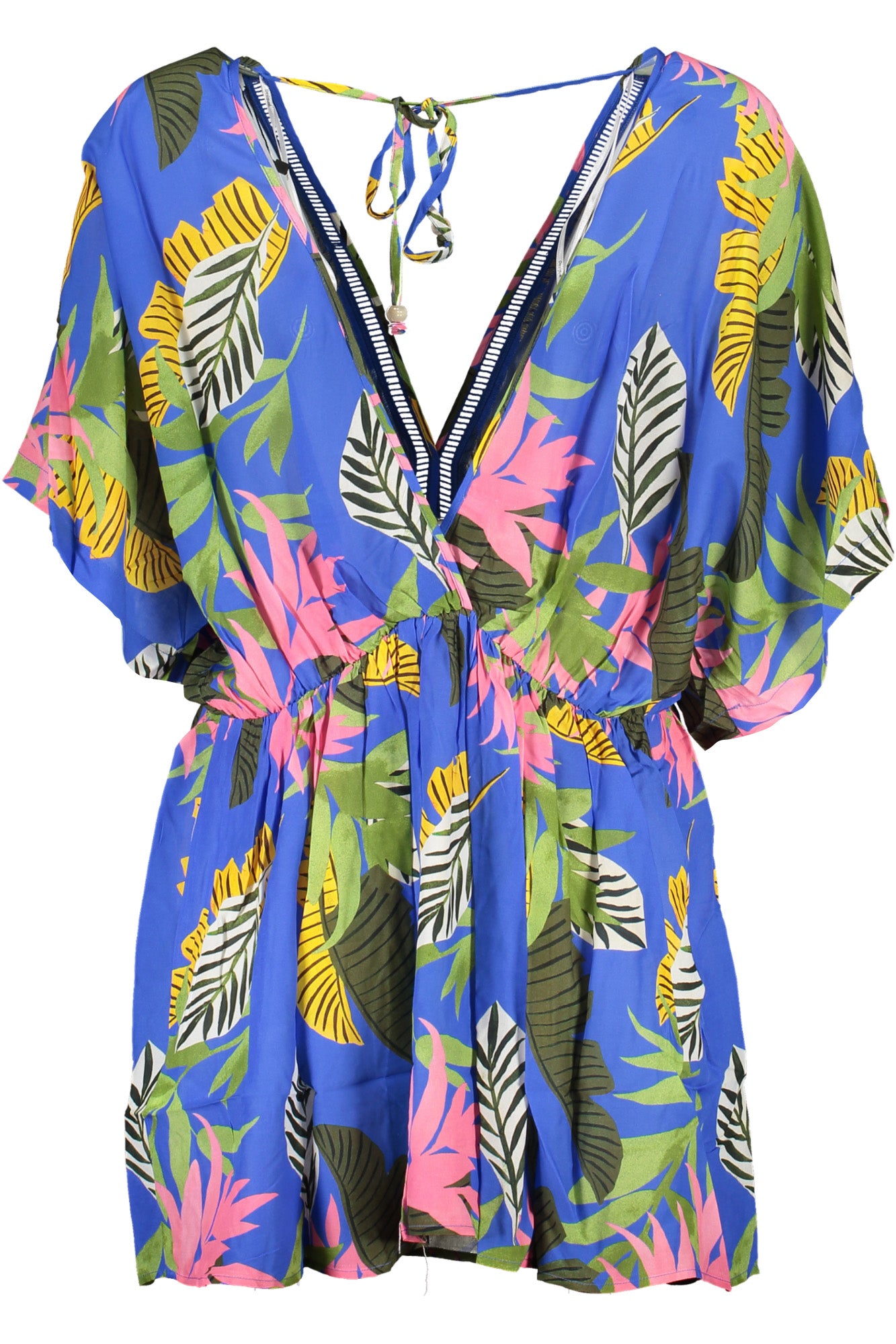 24SWMW23_BL5010 – Blaues kurzes Damenkleid mit Muster und V-Ausschnitt online kaufen – Größe: S, M, L, XL – Farbe: Blu