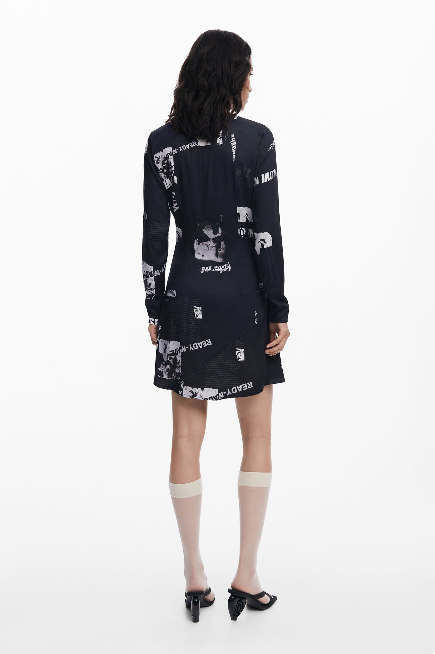 25WWVW29_NE2000 – Schwarzes kurzes Damenkleid mit Muster und kontrastreichen Details – Größe: XS, S, M, L, XL – Farbe: Nero