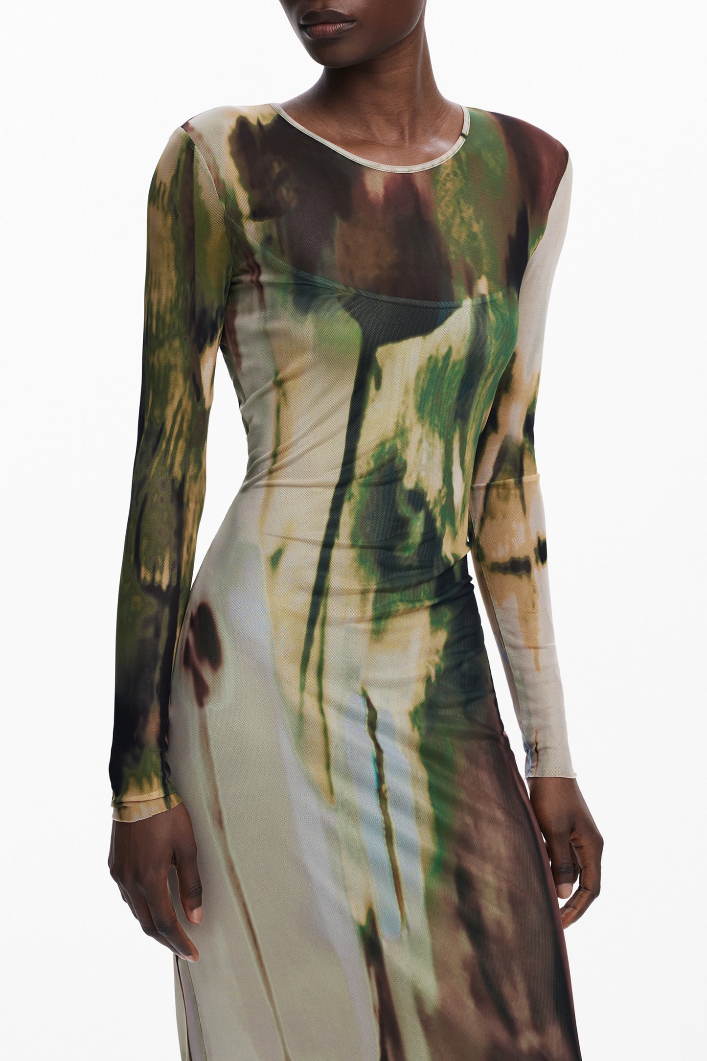 25WWVK41_VE4003 – Grünes langes Damenkleid mit Kontrastdetails und langen Ärmeln – Größe: XS, S, M, L – Farbe: Verde