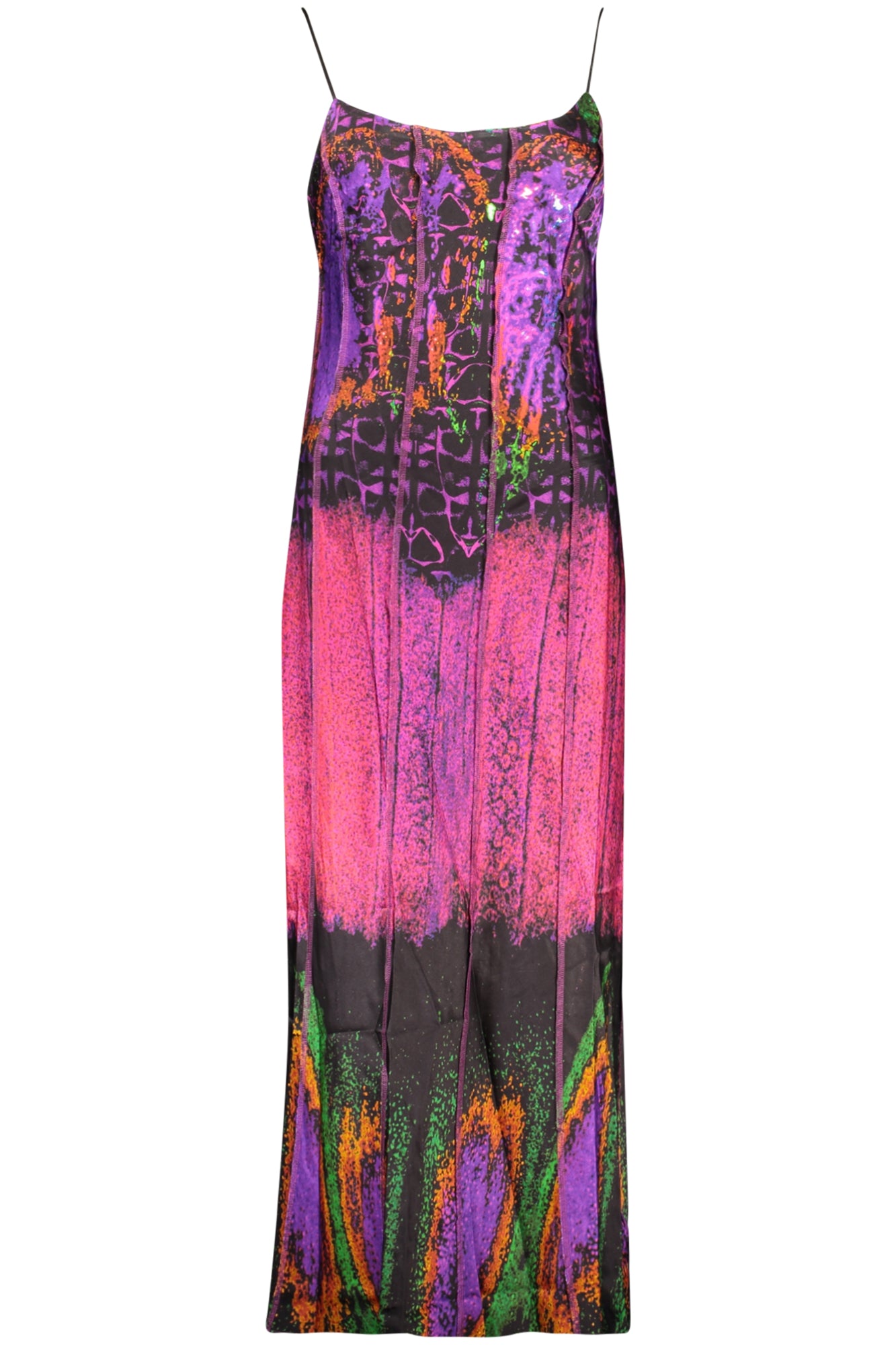 26SWVW42_VI3062 – Langes violettes Damenkleid mit Print und schmalen Trägern – Größe: XS, S, M, L – Farbe: Viola