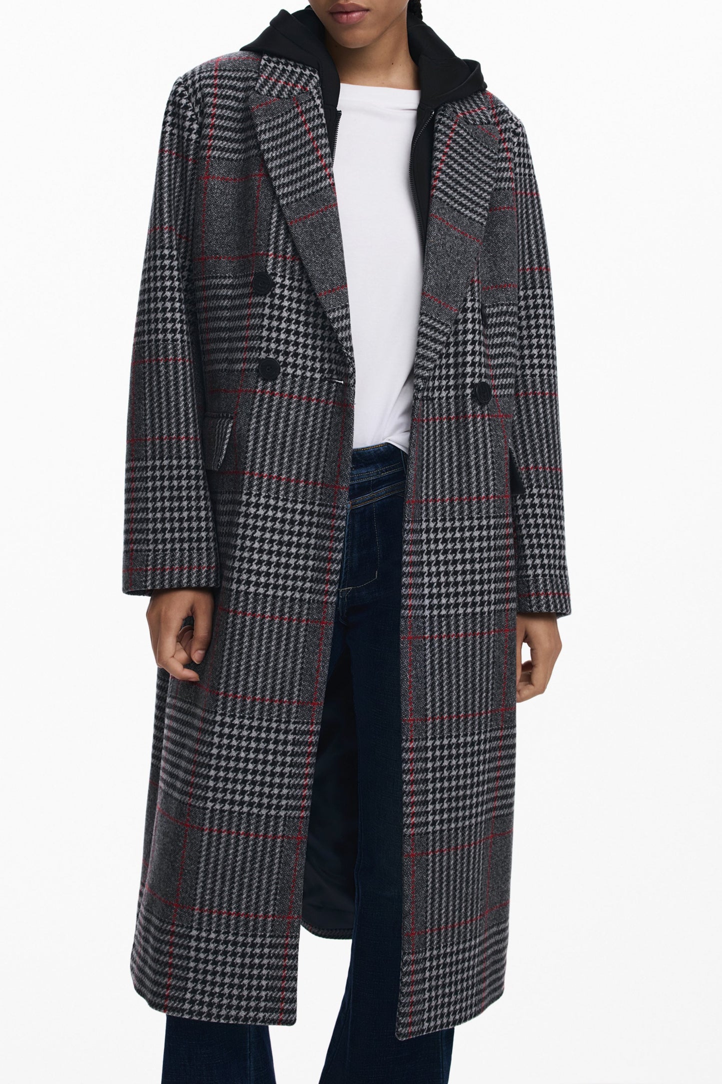 25WWEW13_GR2007 – Grauer Karierter Damenmantel mit Abnehmbarer Kapuze und Taschen – Größe: XS, S, M, L – Farbe: Grigio