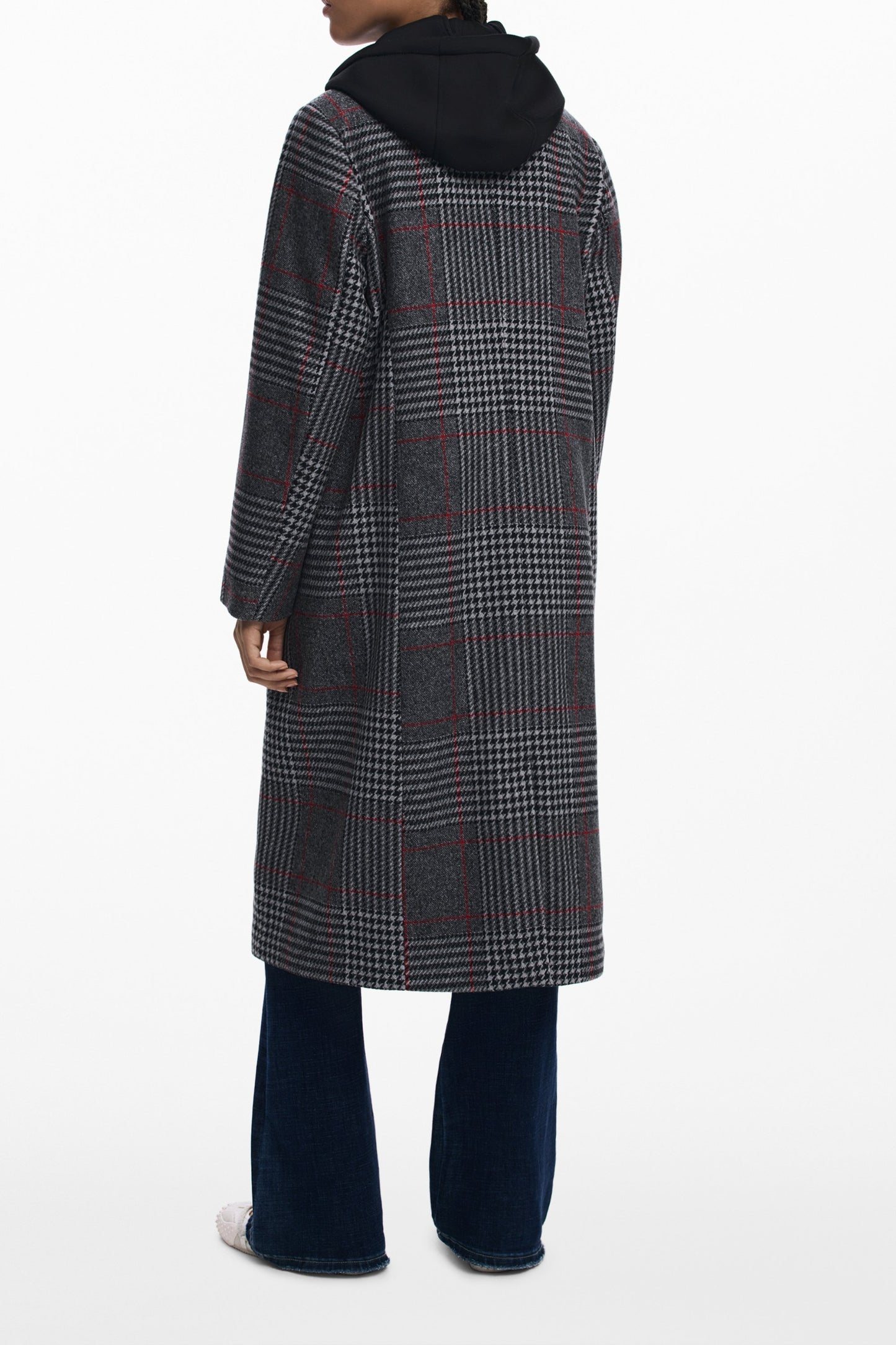 25WWEW13_GR2007 – Grauer Karierter Damenmantel mit Abnehmbarer Kapuze und Taschen – Größe: XS, S, M, L – Farbe: Grigio