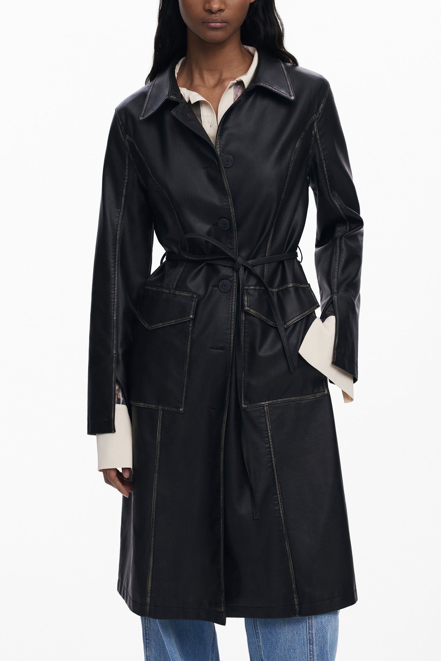 25WWEW33_NE2000 – Eleganter Damenmantel Schwarz mit Gürtel und Kontrastdetails – Größe: XS, S, M, L, XL – Farbe: Nero