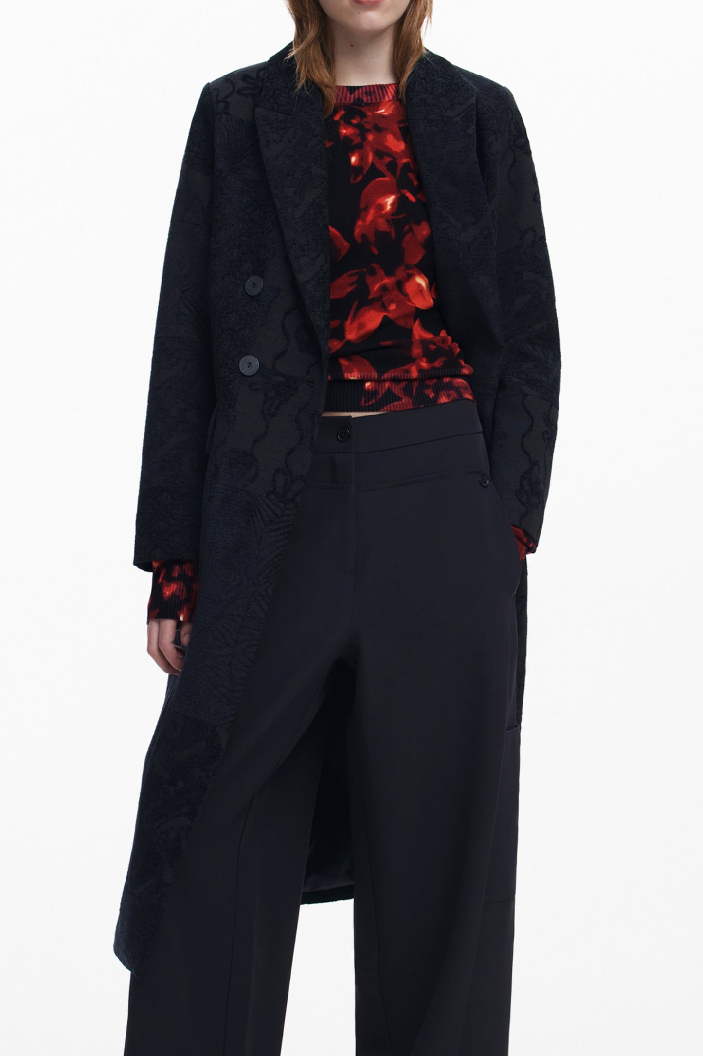 25WWEW16_NE2000 – Eleganter Damenmantel Schwarz – Lang, Mit Taschen & Kontrastdetails – Größe: XS, S, M, L, XL – Farbe: Nero