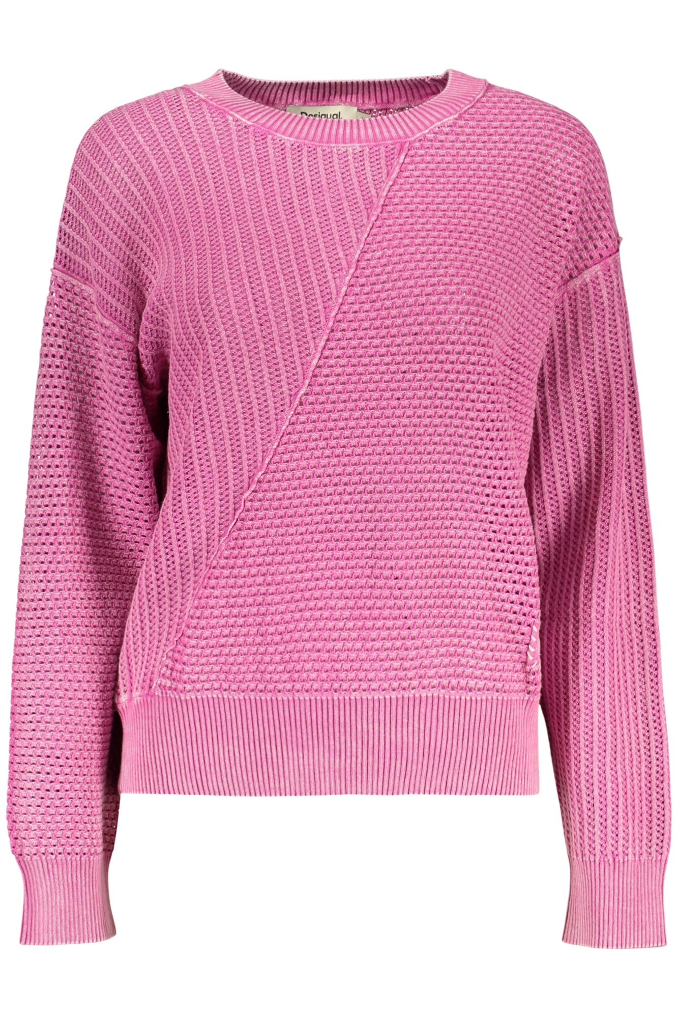 26SWJF41_RS3175 – Rosa Damenpullover mit Stickerei und Kontrastdetails – Rundhals-Design – Größe: XS, S, M, L – Farbe: Rosa