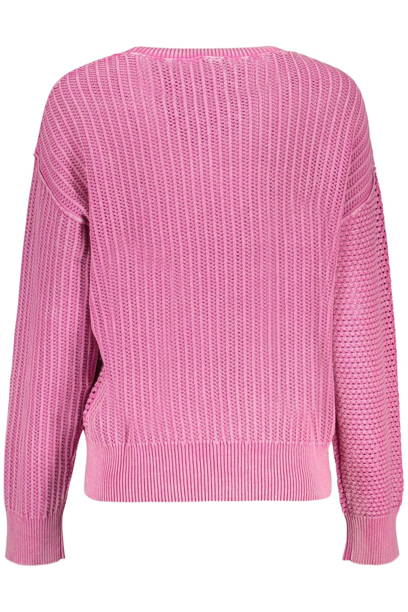26SWJF41_RS3175 – Rosa Damenpullover mit Stickerei und Kontrastdetails – Rundhals-Design – Größe: XS, S, M, L – Farbe: Rosa