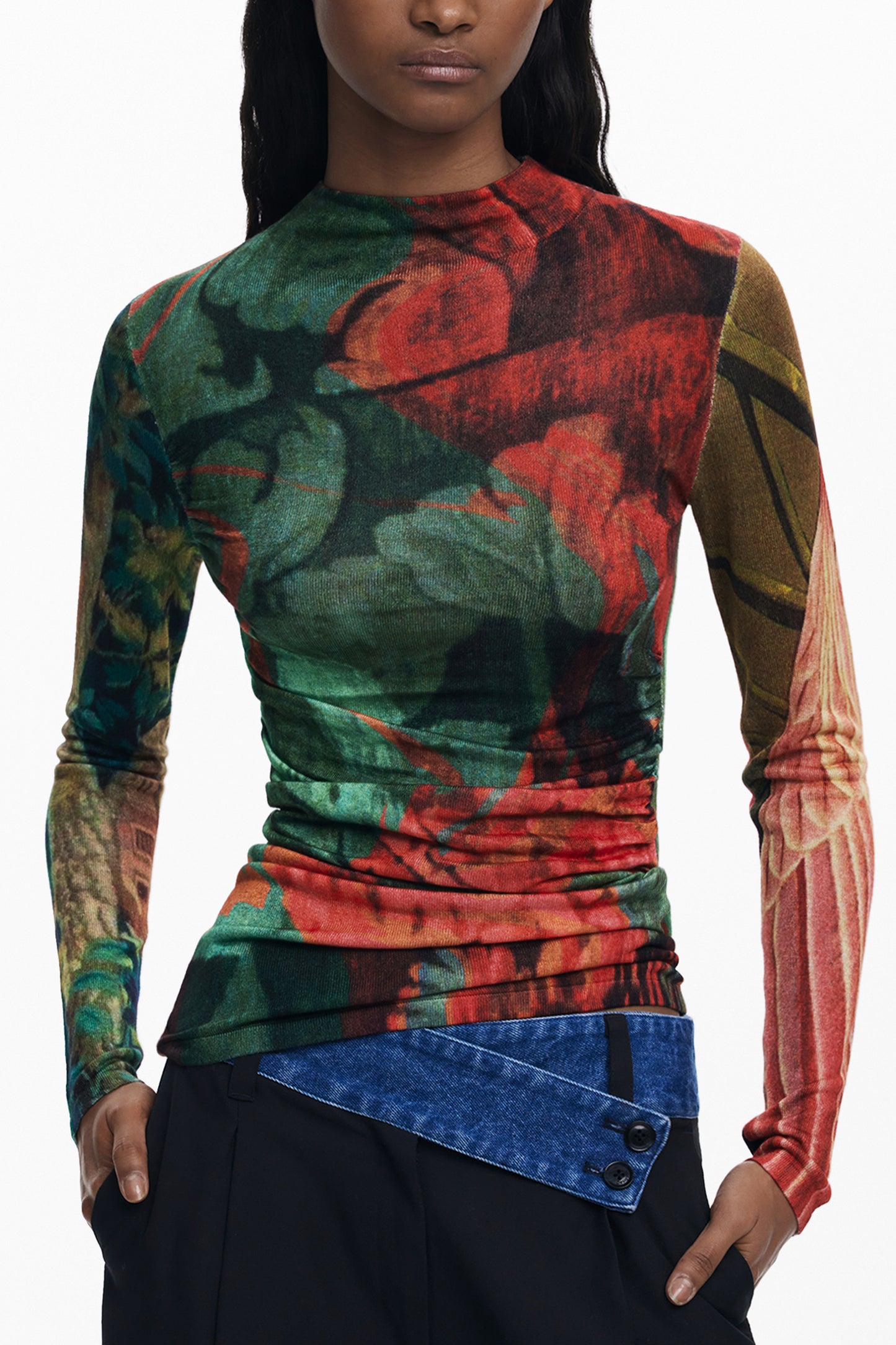 25WWJF48_VE4055 – Eleganter Damenpullover in Grün: Muster, Stehkragen & Details – Größe: XS, S, M, L, XL – Farbe: Verde