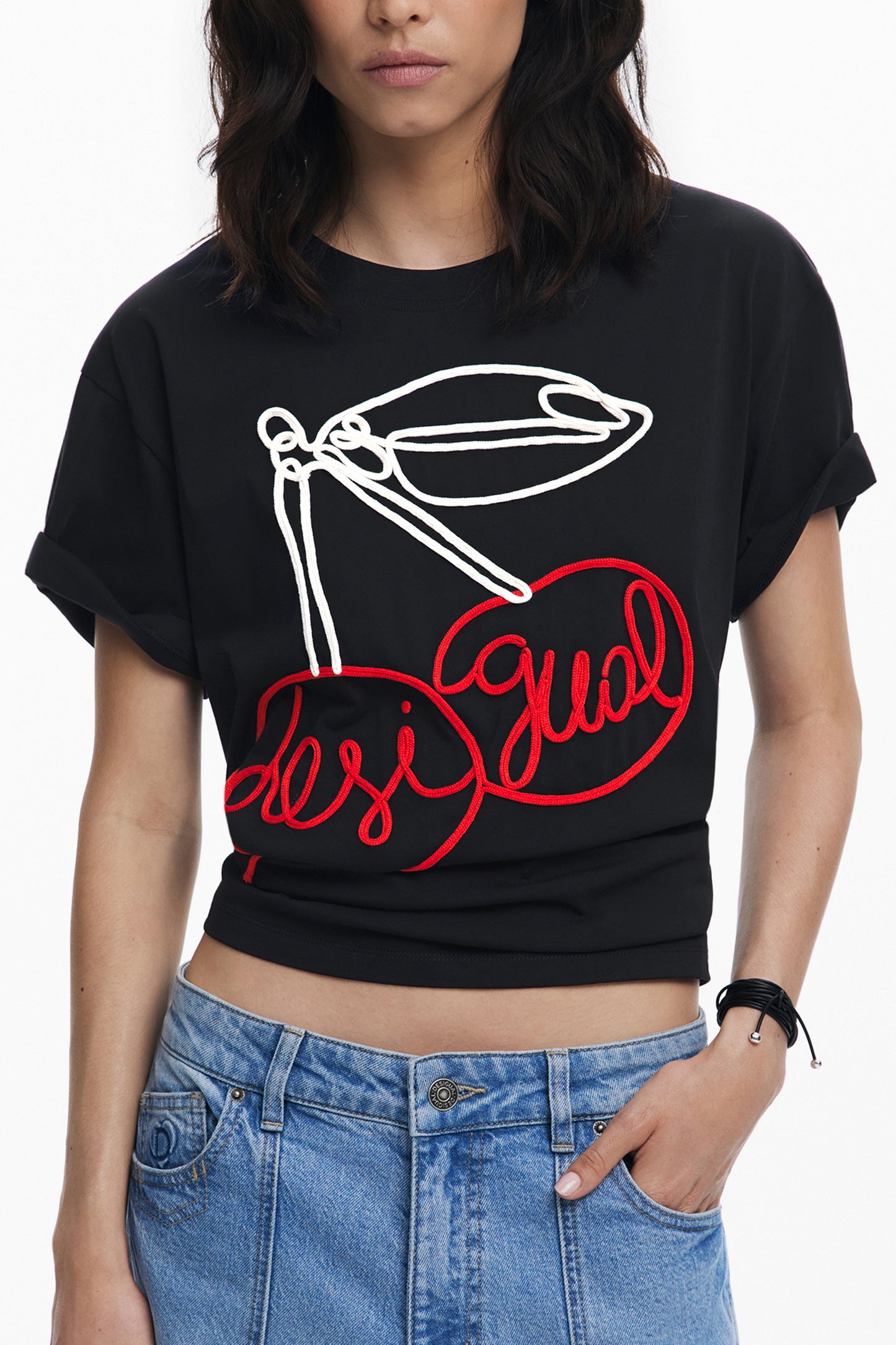 25WWTK51_NE2000 – Elegantes Damen Kurzarm-T-Shirt Schwarz mit Stickerei und Rundhals – Größe: XS, S, M, L, XL – Farbe: Nero