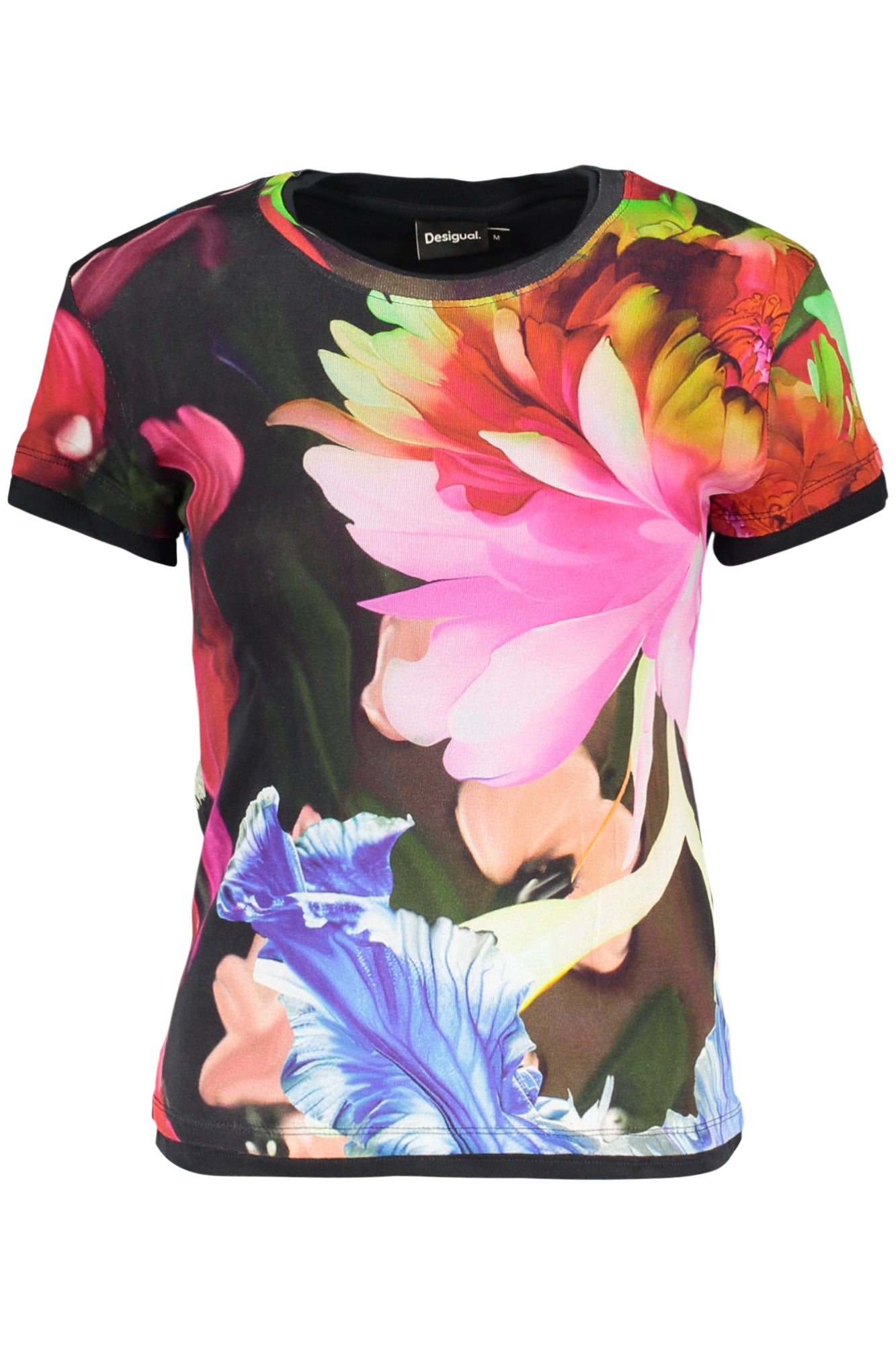 26SWTK49_NE9019 – Stylisches Damen Kurzarm T-Shirt mit Blumendruck in Schwarz – Größe: XS, S, M, L, XL – Farbe: Nero