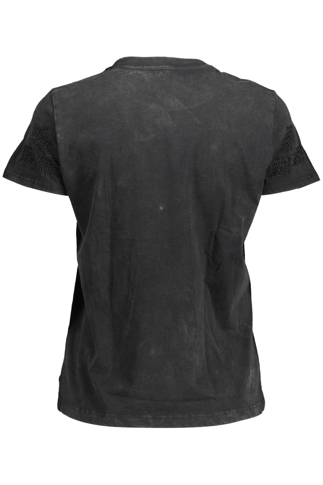 22SWTK19_NERO_2000 – Schwarzes Damen Kurzarmshirt mit Druck und Applikationen – Größe: S, XL – Farbe: Nero