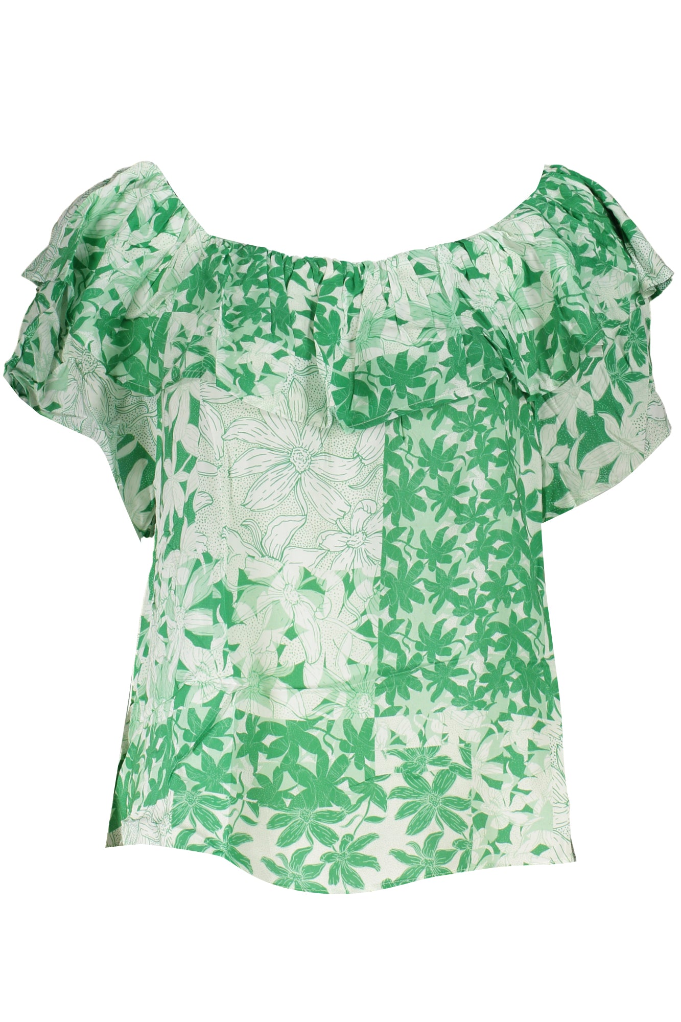 24SWBW01_VE4026 – Stylisches Damen Kurzarm-T-Shirt in Grün mit Bateau-Ausschnitt & Muster – Größe: XS, S, M, L, XL – Farbe: Verde