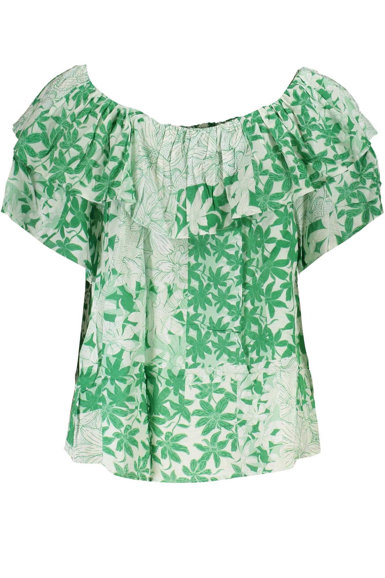24SWBW01_VE4026 – Stylisches Damen Kurzarm-T-Shirt in Grün mit Bateau-Ausschnitt & Muster – Größe: XS, S, M, L, XL – Farbe: Verde