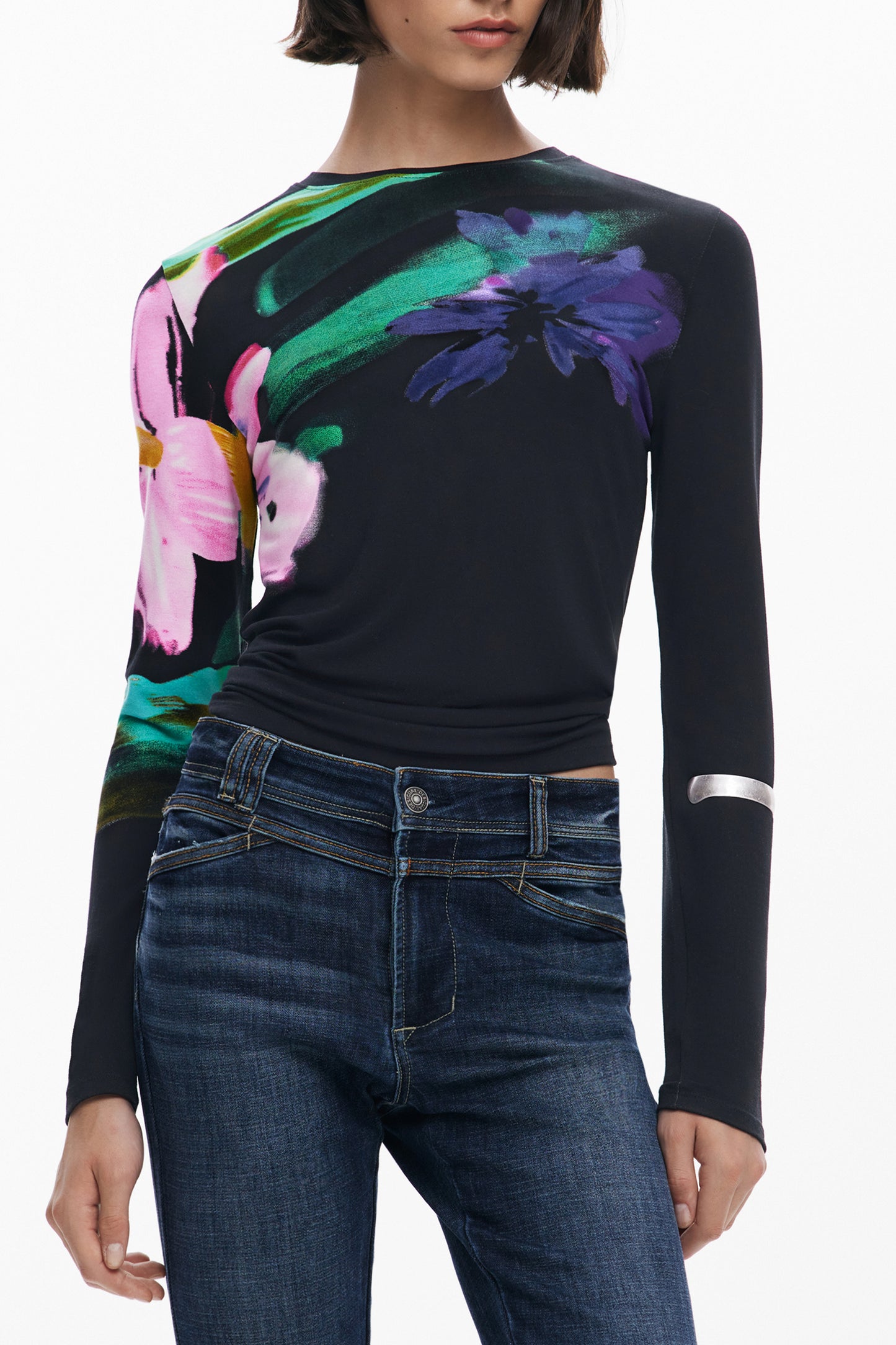 25WWTK32_NE2000 – Stylisches Damen Langarmshirt in Schwarz mit Muster und Rundhalsausschnitt – Größe: XS, S, M, L, XL – Farbe: Nero