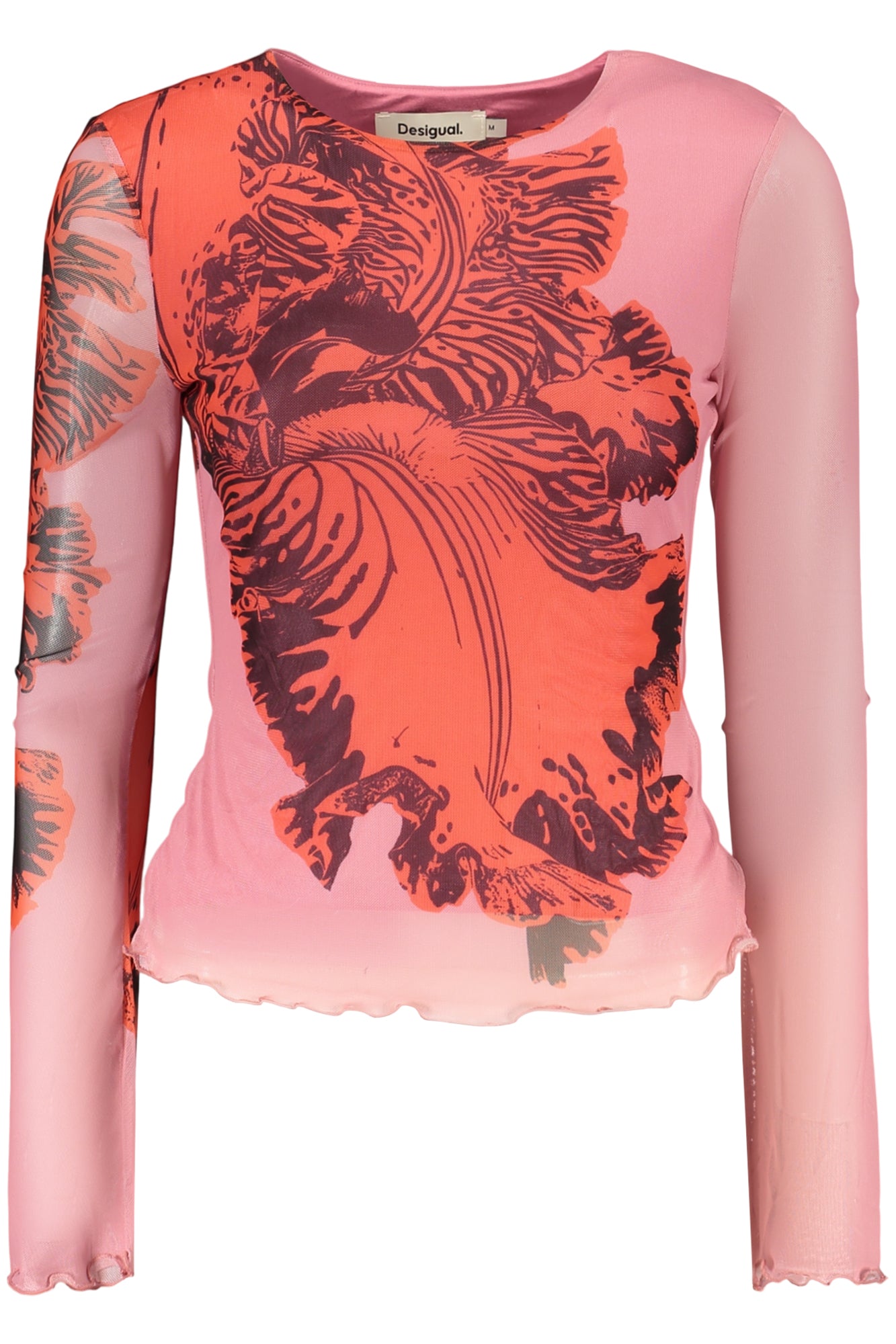 26SWTK50_RS3049 – Rosa Damen Langarmshirt mit Orchideen-Druck und Rundhalsausschnitt – Größe: XS, S, M, L, XL – Farbe: Rosa