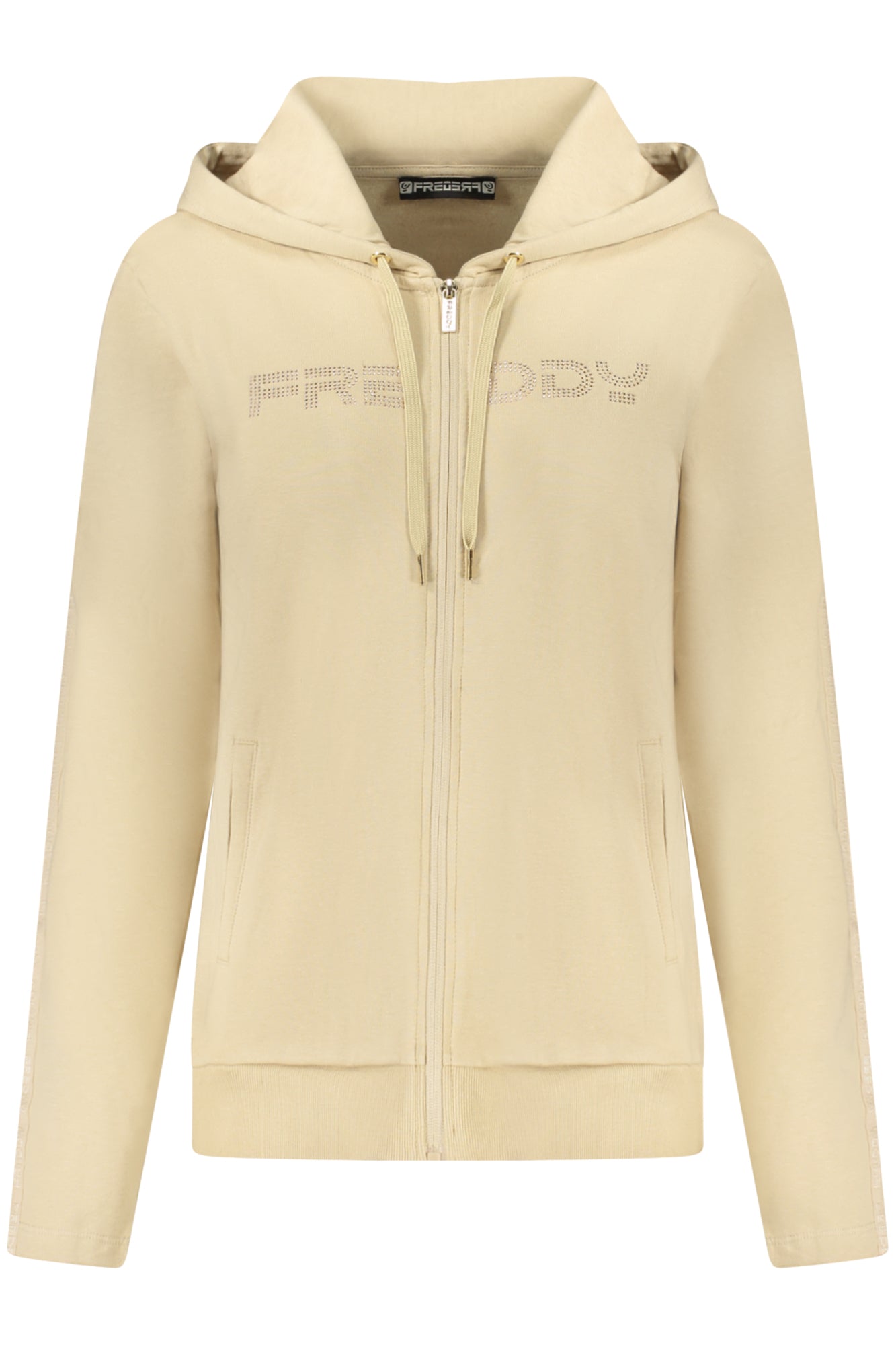 F25WCRS2_BEZ44 – Beiges Damen-Sweatshirt mit Reißverschluss und Strassdetails – Größe: XS, S, M, L, XL – Farbe: Beige