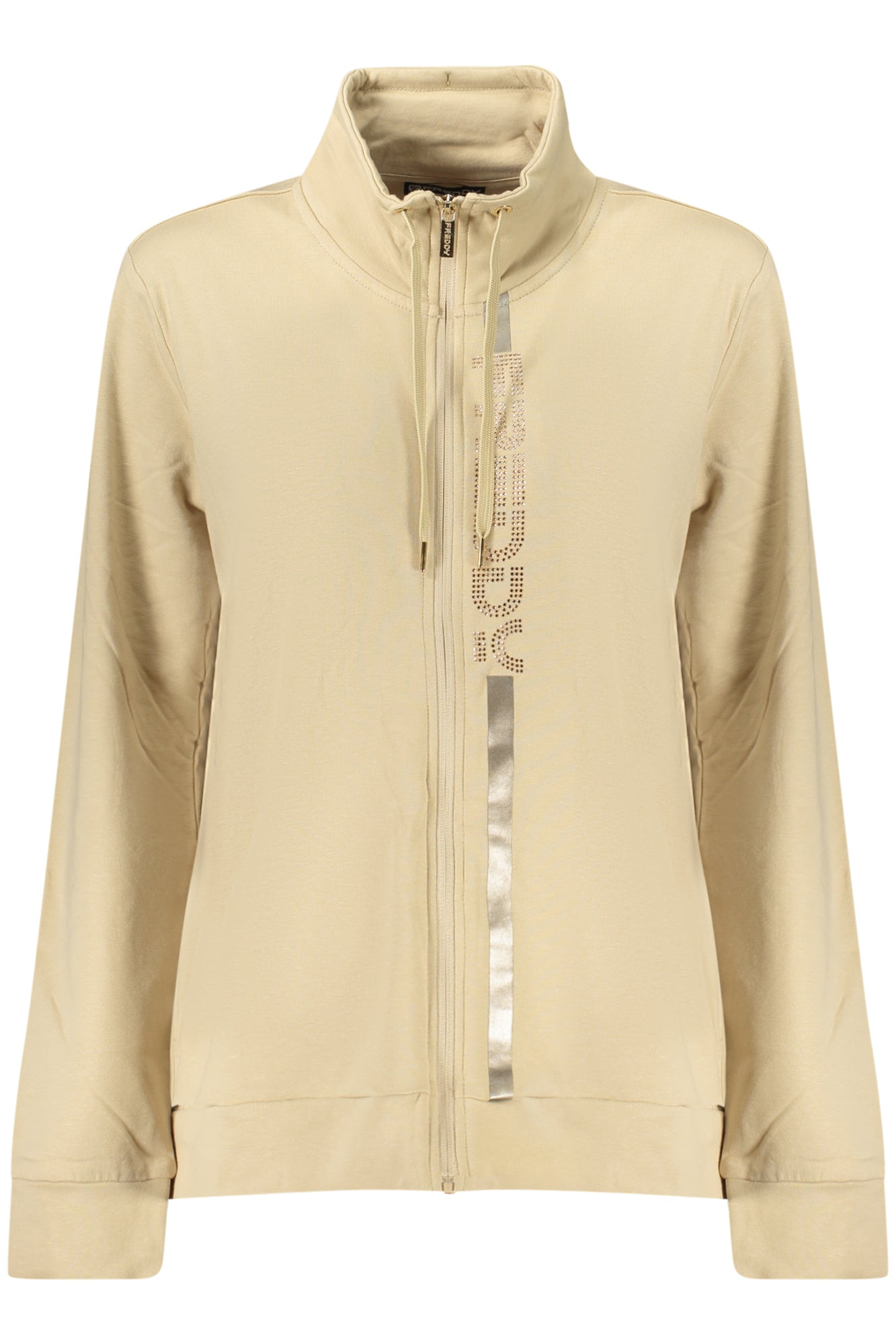 F25WCRS1_BEZ44 – Beiges Damen-Sweatshirt: Gefüttert, Reißverschluss & Strass-Details – Größe: XS, S, M, L, XL – Farbe: Beige