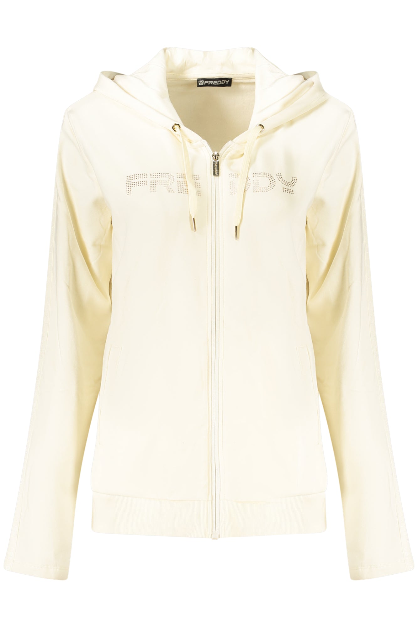F25WCRS2_BIW50 – Damen Langarm-Hoodie aus Fleece mit Reißverschluss & Strass-Details – Größe: XS, S, M, L, XL – Farbe: Bianco