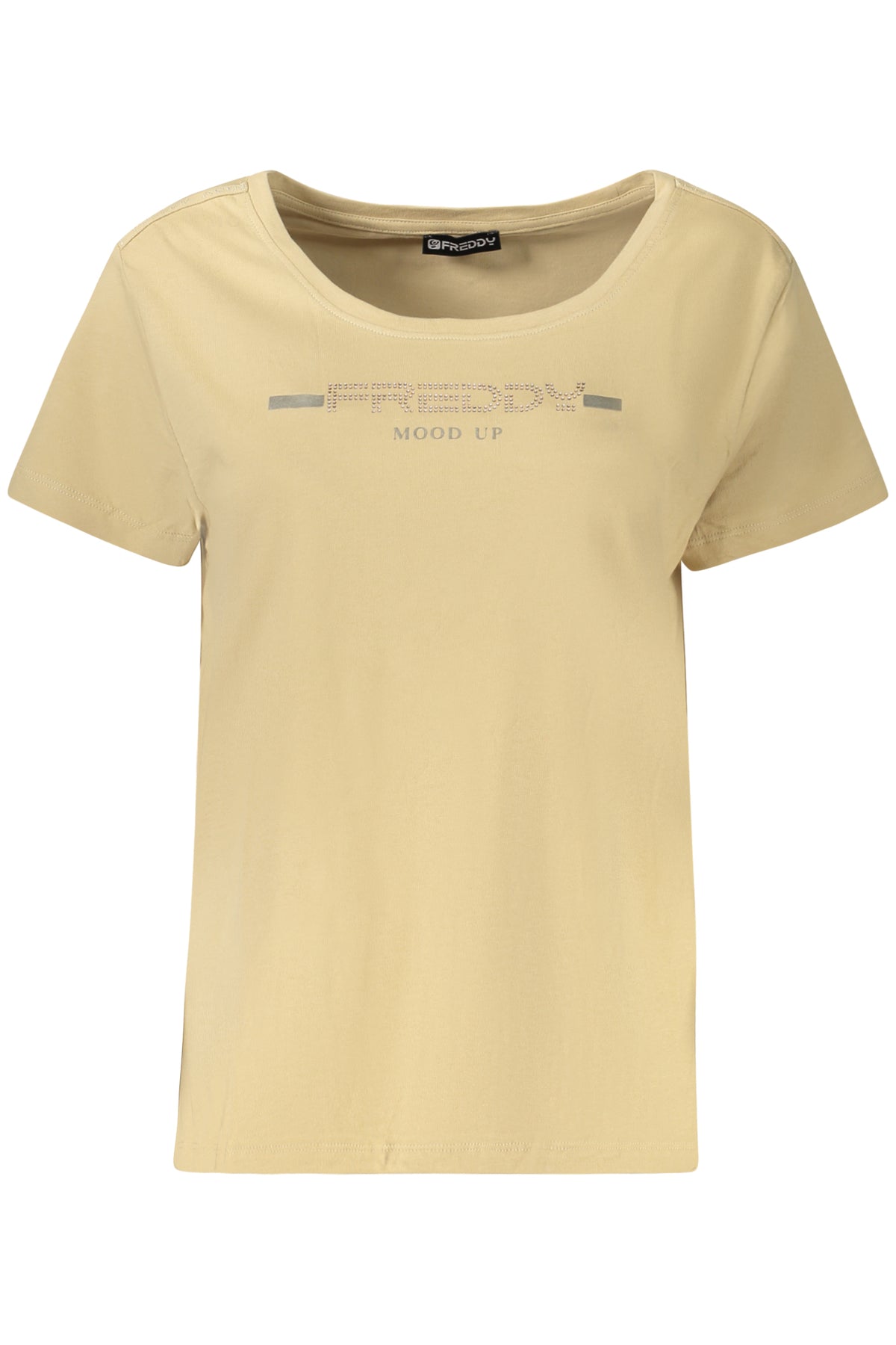 F25WCRT1_BEZ44 – Beiges Damen Kurzarm T-Shirt mit Strass und Druck - Eleganz Pur – Größe: XS, S, M, L – Farbe: Beige