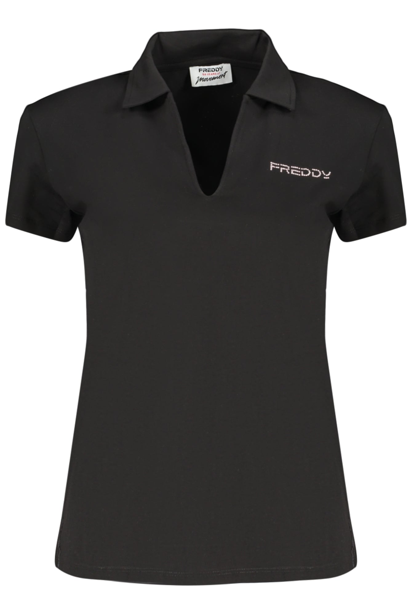 S26WCRT4_NEN- – Schwarzes Damen V-Ausschnitt T-Shirt mit Kontrastdetails und Applikation – Größe: S, M, L, XL – Farbe: Nero