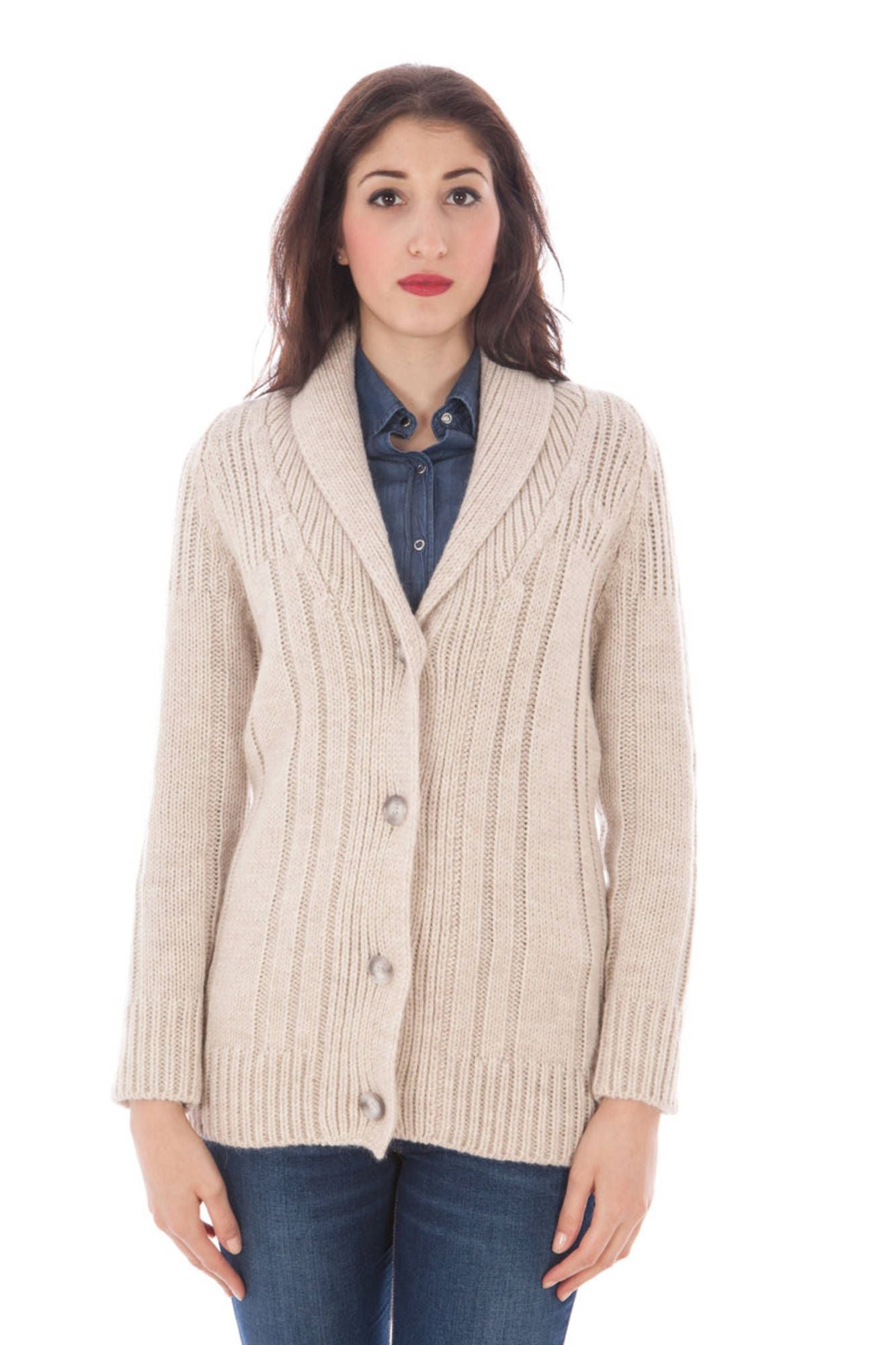 31372022_BEIGE_0881 – Beige Damen-Strickjacke mit Logo und Knöpfen für stilvolle Outfits. – Größe: S – Farbe: Beige