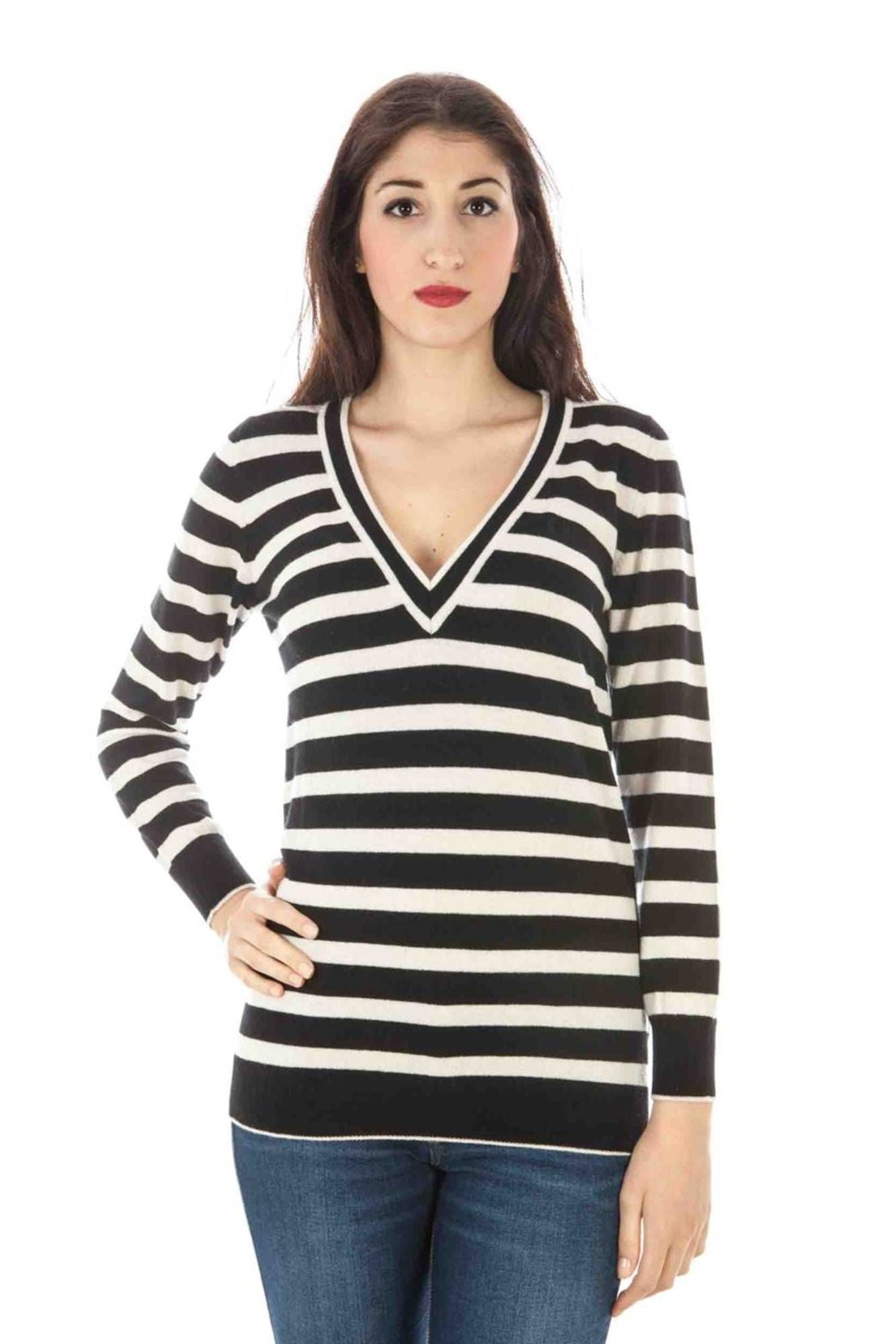 31332091_NERO_0031 – Eleganter Damenpullover in Schwarz mit V-Ausschnitt und Logo-Detail – Größe: S – Farbe: Nero