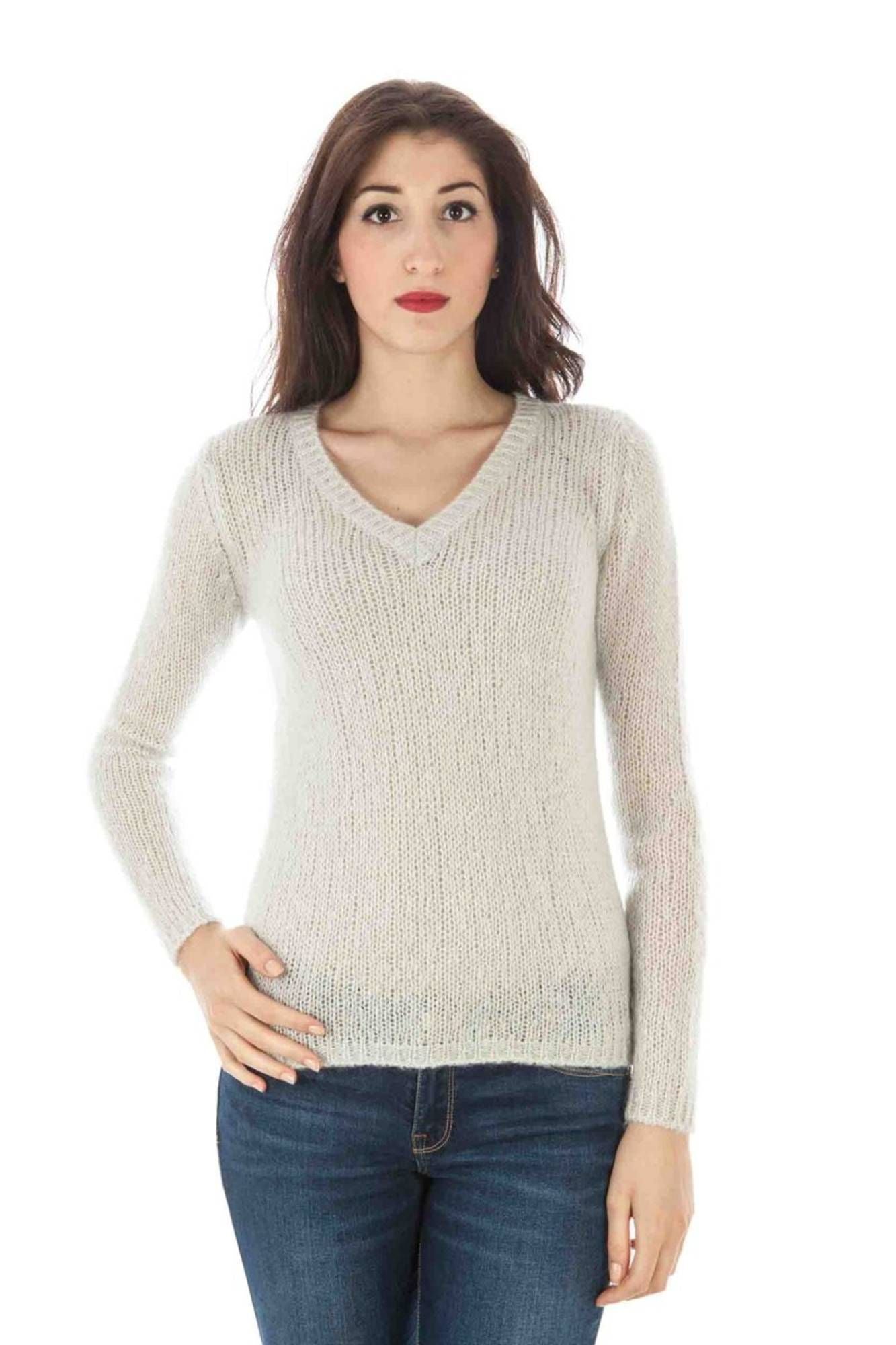 31372055_BIANCO_0282 – Damenpullover Weiß: Langer V-Ausschnitt, Eleganz mit Logo-Detail – Größe: S – Farbe: Bianco