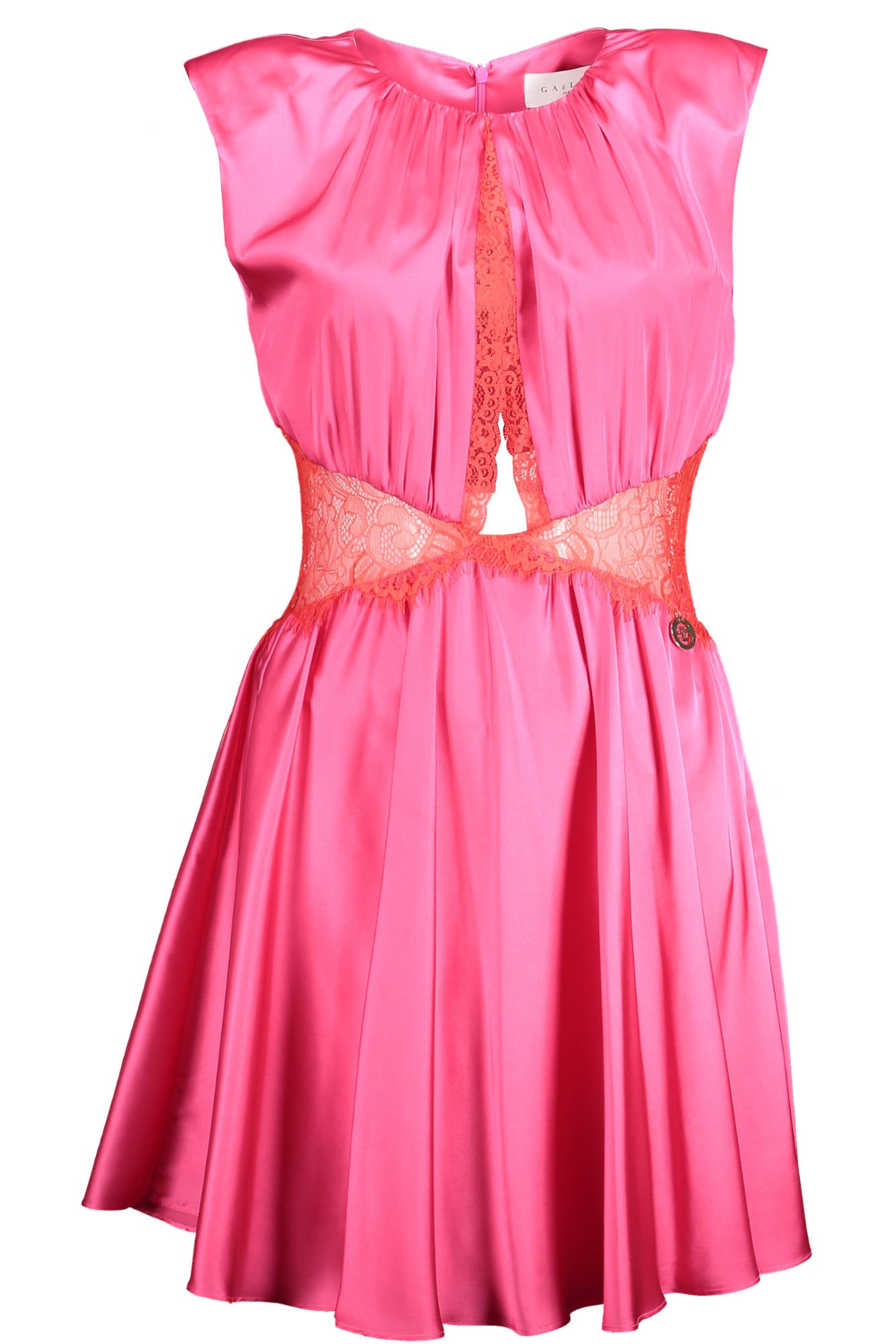 GBD11653FA_ROSA_FUCSIA – Rosa kurzes Kleid mit Spitzeinsätzen und Rundhalsausschnitt – Damenmode – Größe: 44 – Farbe: Rosa