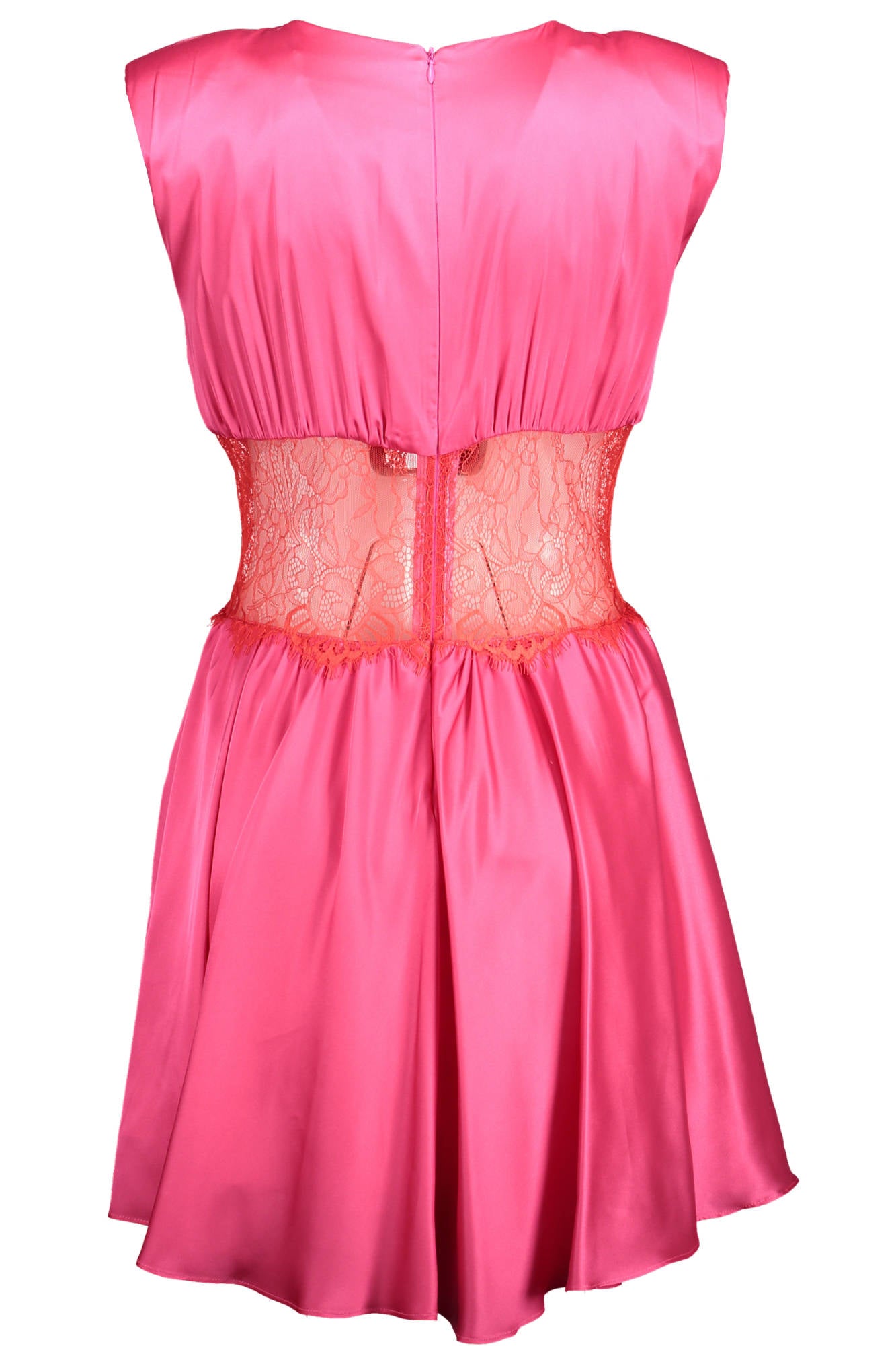 GBD11653FA_ROSA_FUCSIA – Rosa kurzes Kleid mit Spitzeinsätzen und Rundhalsausschnitt – Damenmode – Größe: 44 – Farbe: Rosa