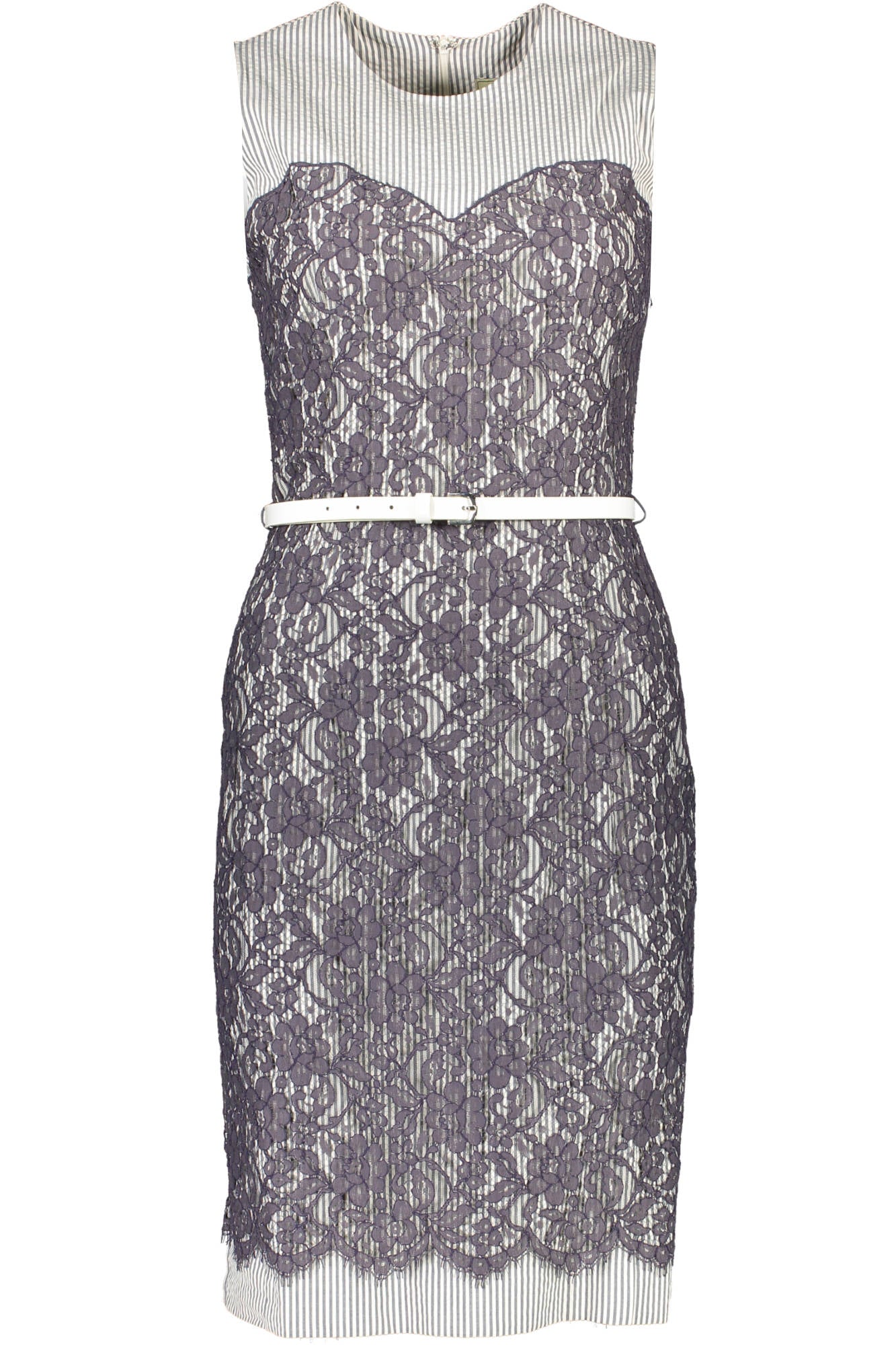 1101450320_BLU_446 – Elegantes Blaues Damenkleid mit Spitzenmuster und Taillengürtel – Größe: 36 – Farbe: Blu