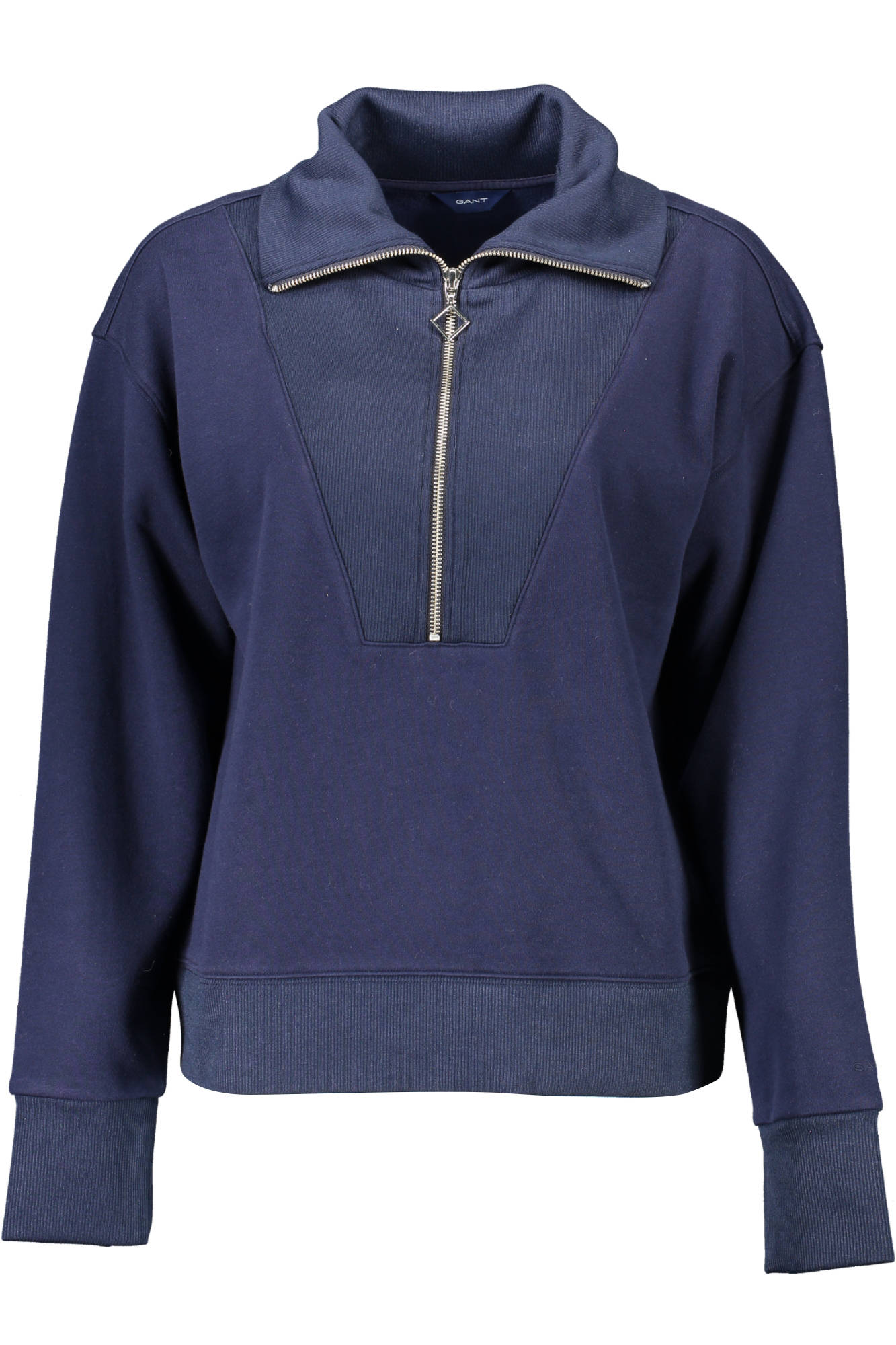 20034201651_BLU_433-EVENING-BLUE – Eleganter Blauer Damenpullover mit Hohem Kragen und Halbreißverschluss – Größe: Standard