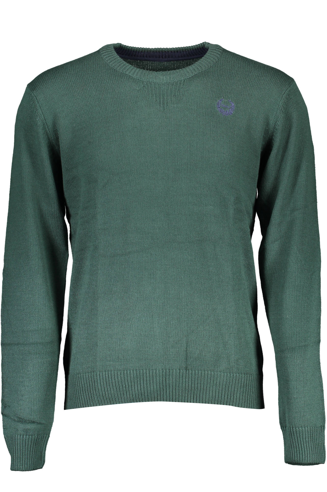 AU00593-FLORIANO_VERDE_DK-FOREST – Grüner Herrenpullover: Langarm, Rundhals, Stickerei & Kontrastdetails – Größe: M, L, XL, 2XL – Farbe: Verde