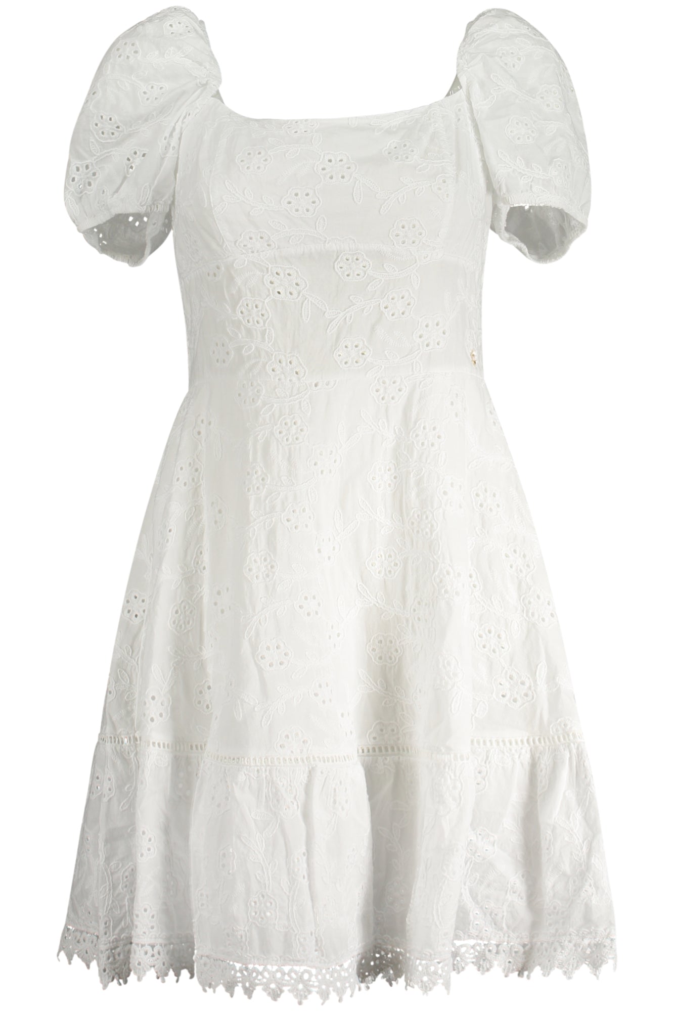 W4GK50WG590_BIG011 – Stylisches Damen Kurzkleid in Weiß mit Stickerei und U-Boot-Ausschnitt – Größe: XS, S, M, L – Farbe: Bianco