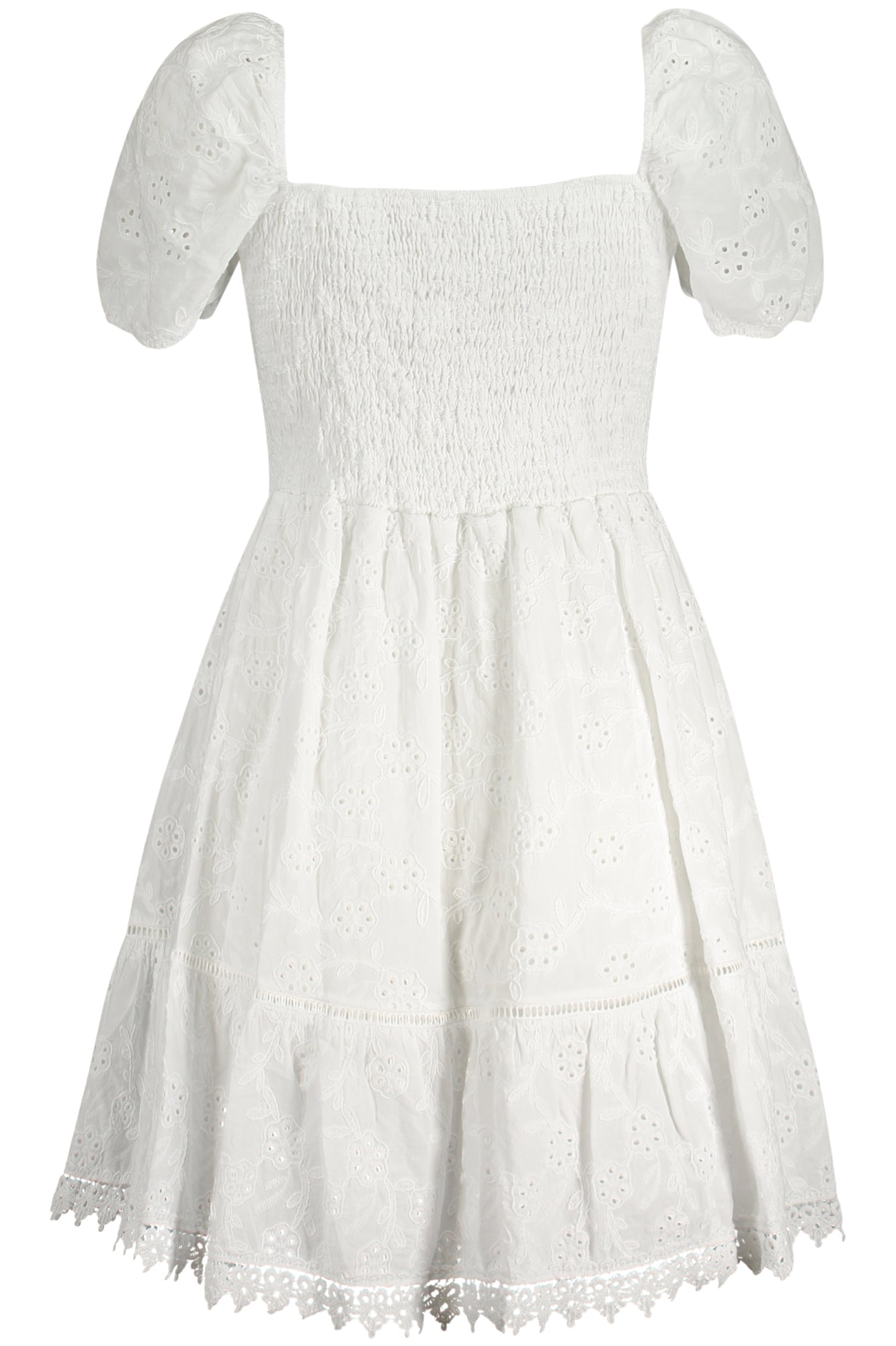 W4GK50WG590_BIG011 – Stylisches Damen Kurzkleid in Weiß mit Stickerei und U-Boot-Ausschnitt – Größe: XS, S, M, L – Farbe: Bianco