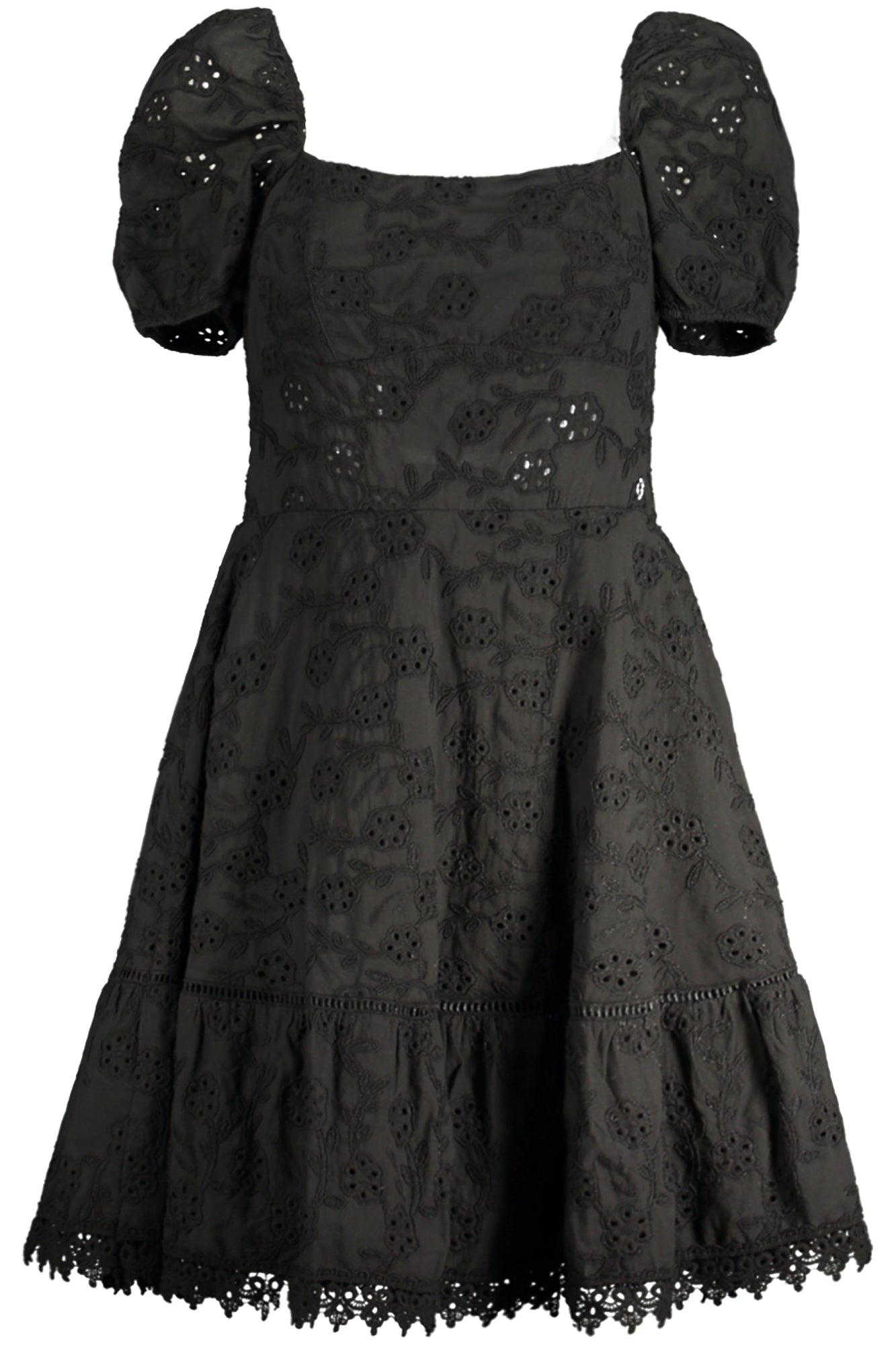 W4GK50WG590_NEJBLK – Elegantes Schwarzes Damenkleid mit Stickereien und Boots-Ausschnitt – Größe: XS, S, M, L – Farbe: Nero