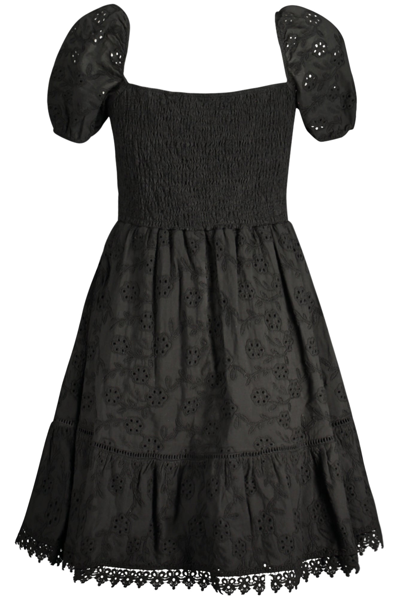 W4GK50WG590_NEJBLK – Elegantes Schwarzes Damenkleid mit Stickereien und Boots-Ausschnitt – Größe: XS, S, M, L – Farbe: Nero