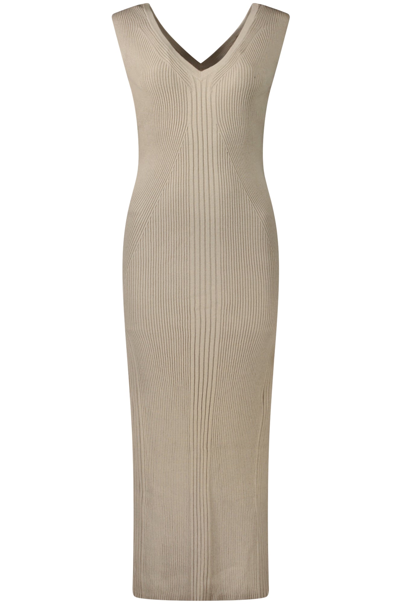 W4RK35Z3C71_BEA10L – Langes Damen Strickkleid Beige aus Bio-Baumwolle mit V-Ausschnitt – Größe: XS, S, M – Farbe: Beige