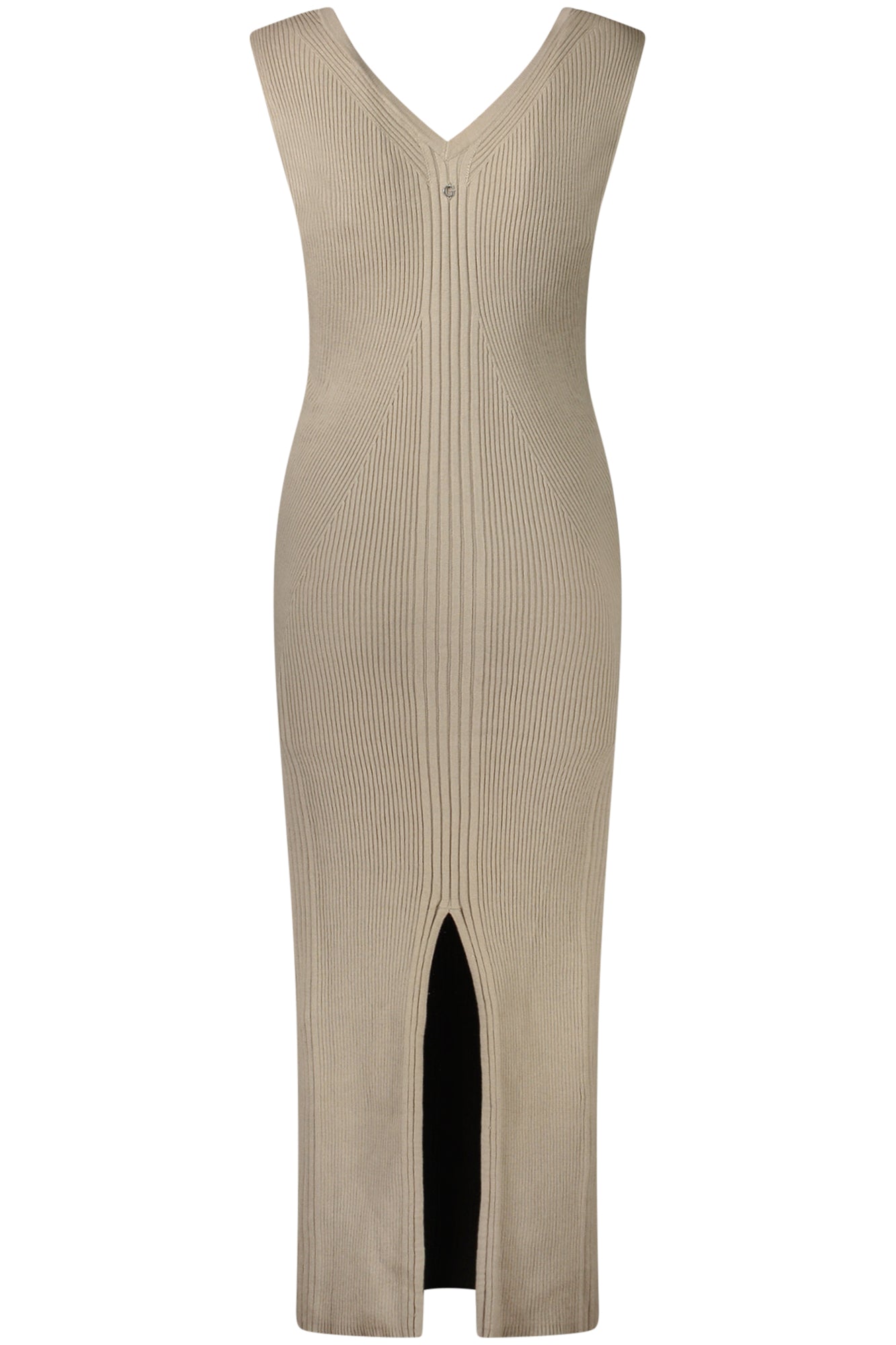 W4RK35Z3C71_BEA10L – Langes Damen Strickkleid Beige aus Bio-Baumwolle mit V-Ausschnitt – Größe: XS, S, M – Farbe: Beige