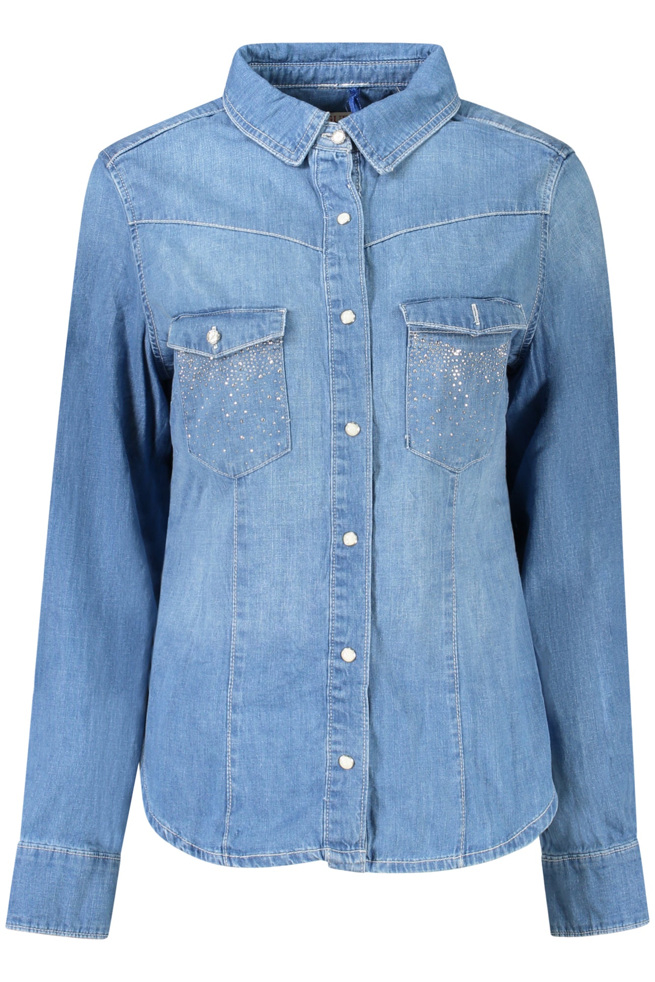 W4RH76D59K2_BLLOES – Damenbluse Blau: Jeans-Hemd mit Strass, Recycelte Baumwolle – Größe: S, M, L, XL – Farbe: Blu