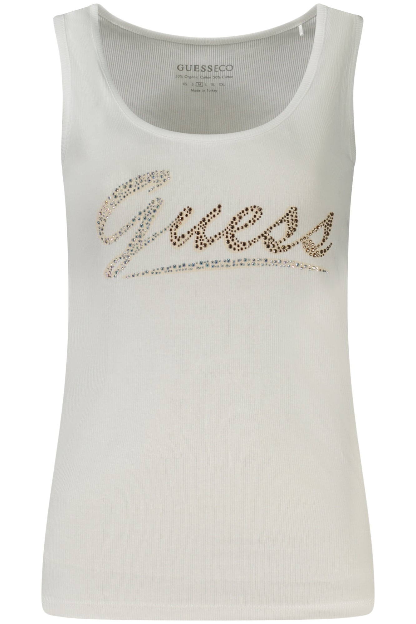 W4GP16K1814_BIG011 – Weißes Damen-Tanktop mit Strass, breiten Trägern & Bio-Baumwolle – Größe: XS, S, M, L – Farbe: Bianco