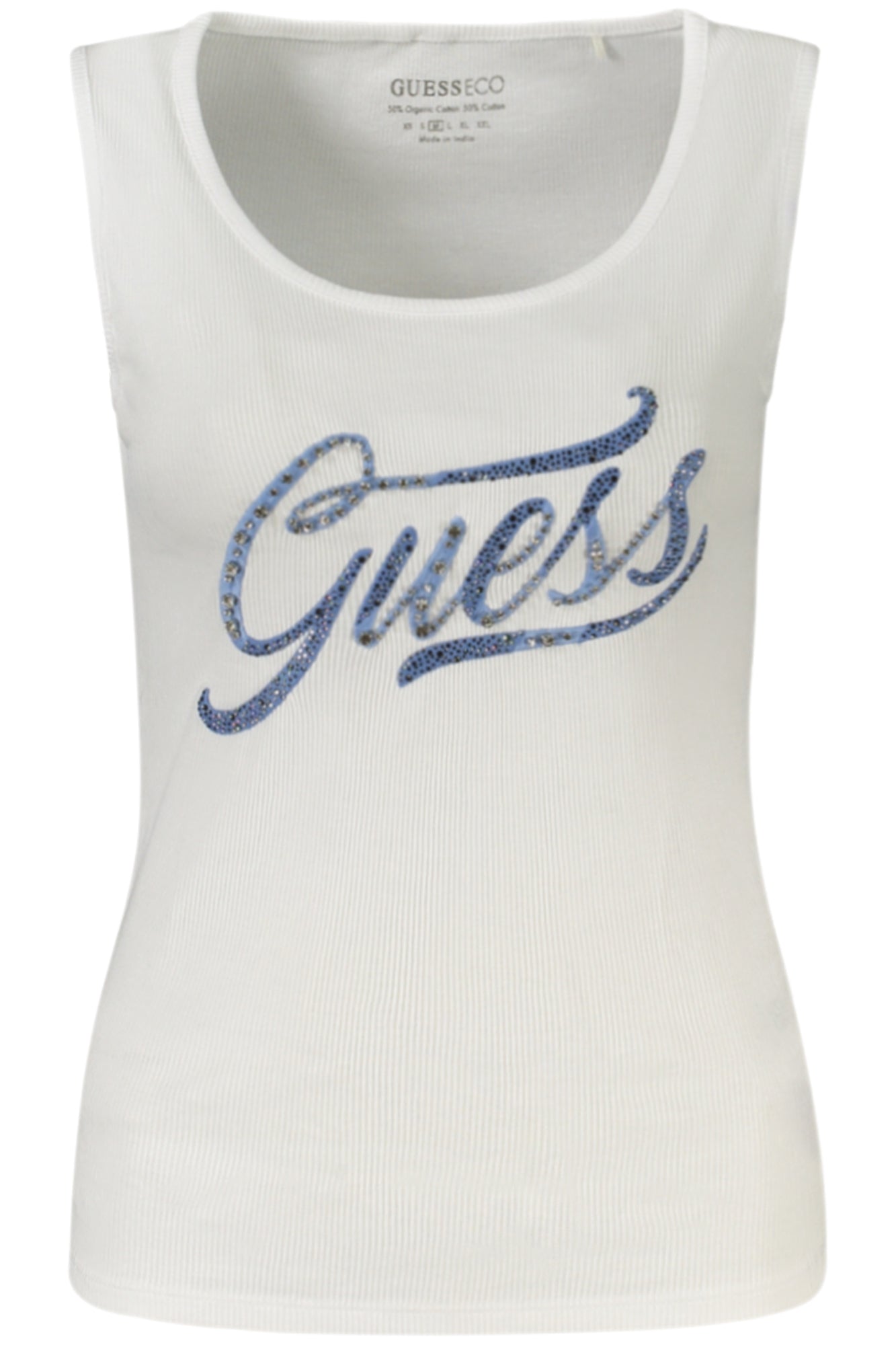 W4RP46K1814_BIG011 – Elegantes weißes Damen-Tanktop mit Strass und Bio-Baumwolle – Größe: XS, S, M, L – Farbe: Bianco