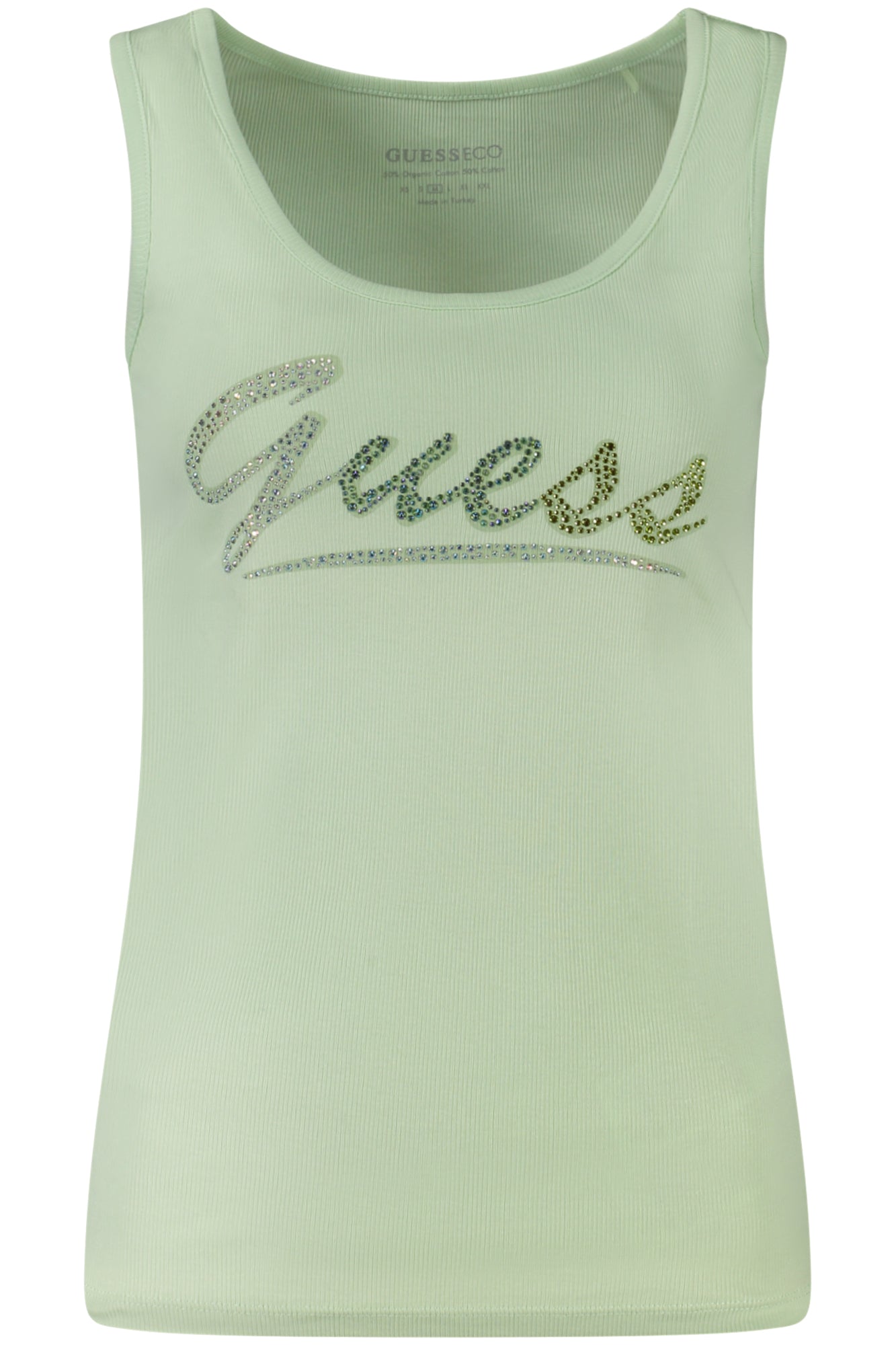 W4GP16K1814_VEA82R – Damen Tanktop: Breite Träger, Strass, Bio-Baumwolle in Grün – Größe: XS, S, M, L – Farbe: Verde